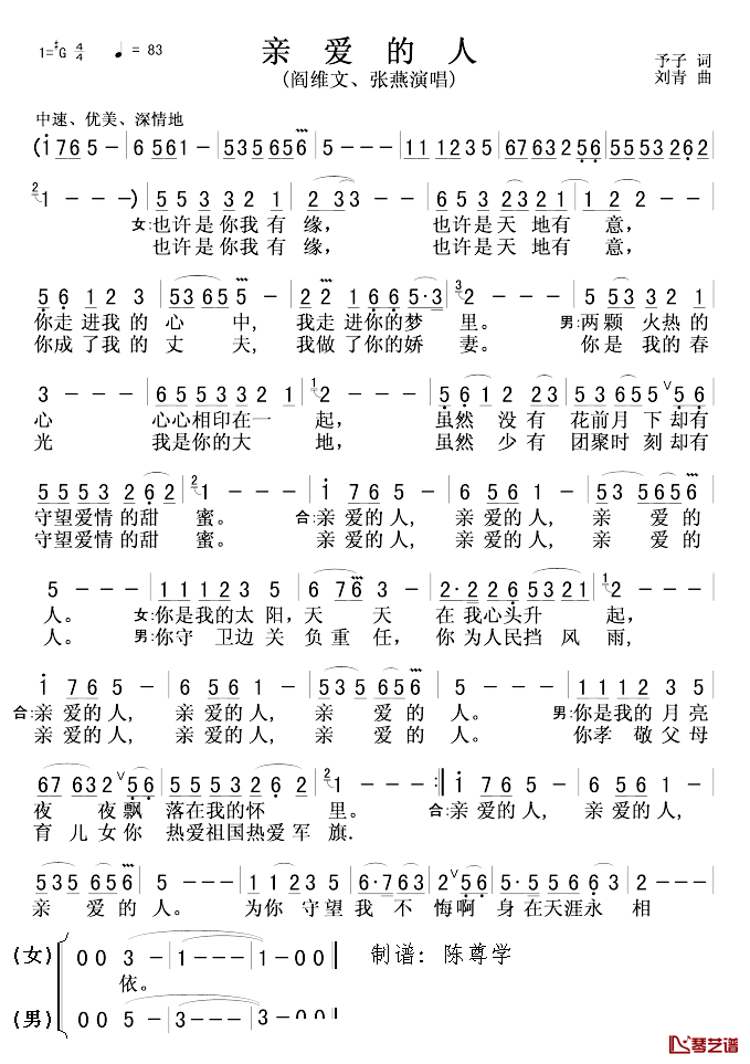 亲爱的人简谱_阎维文/张燕演唱