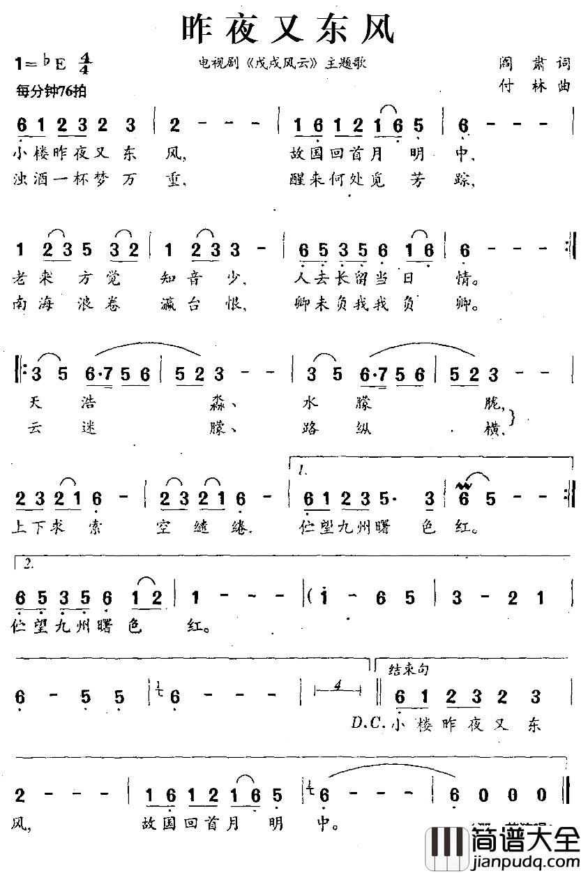 昨夜又东风简谱_电视剧_戊戌风云_主题歌那英_