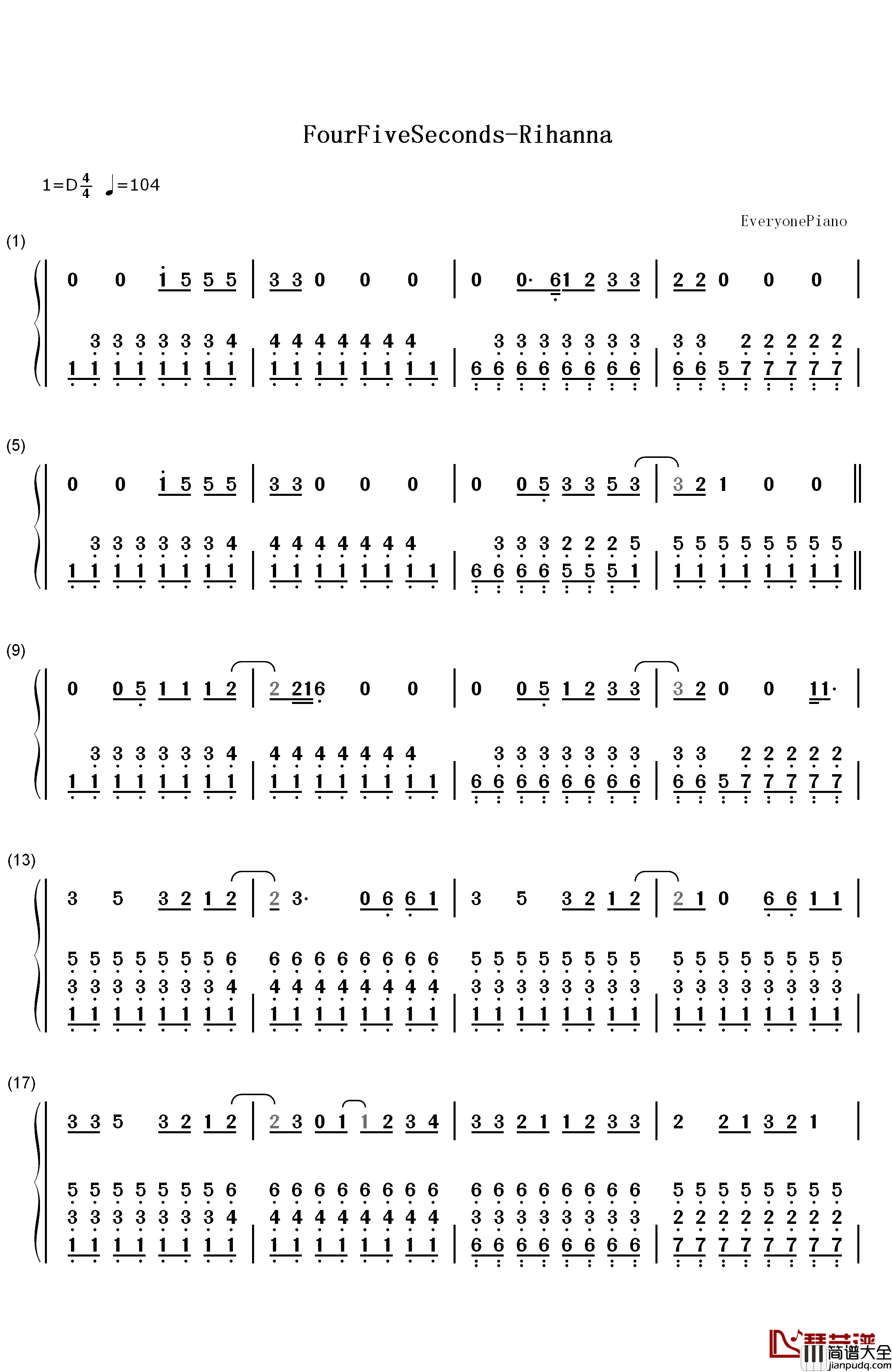 FourFiveSeconds钢琴简谱_数字双手_Rihanna