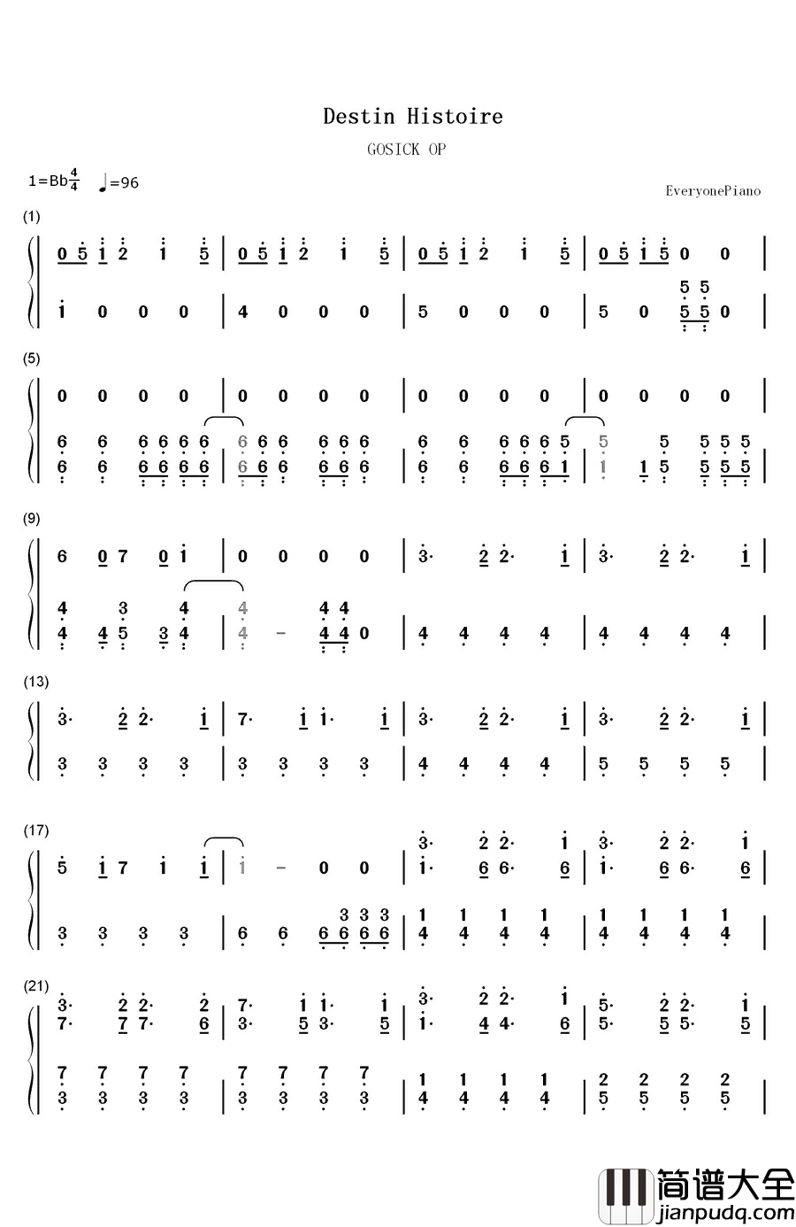 Destin_Histoire钢琴简谱_数字双手_吉木梨纱（吉木りさ）