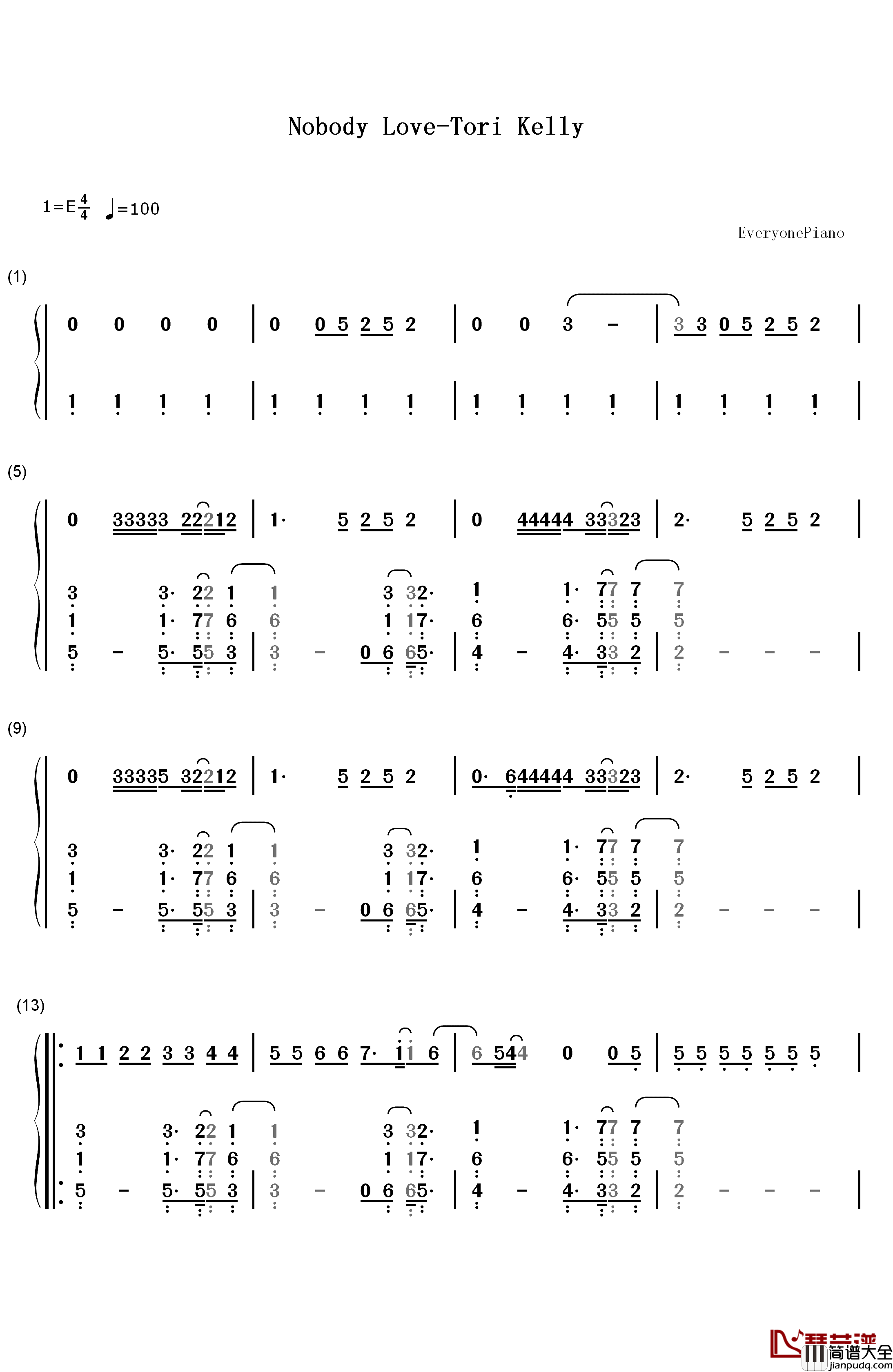 Nobody_Love钢琴简谱_数字双手_Tori_Kelly