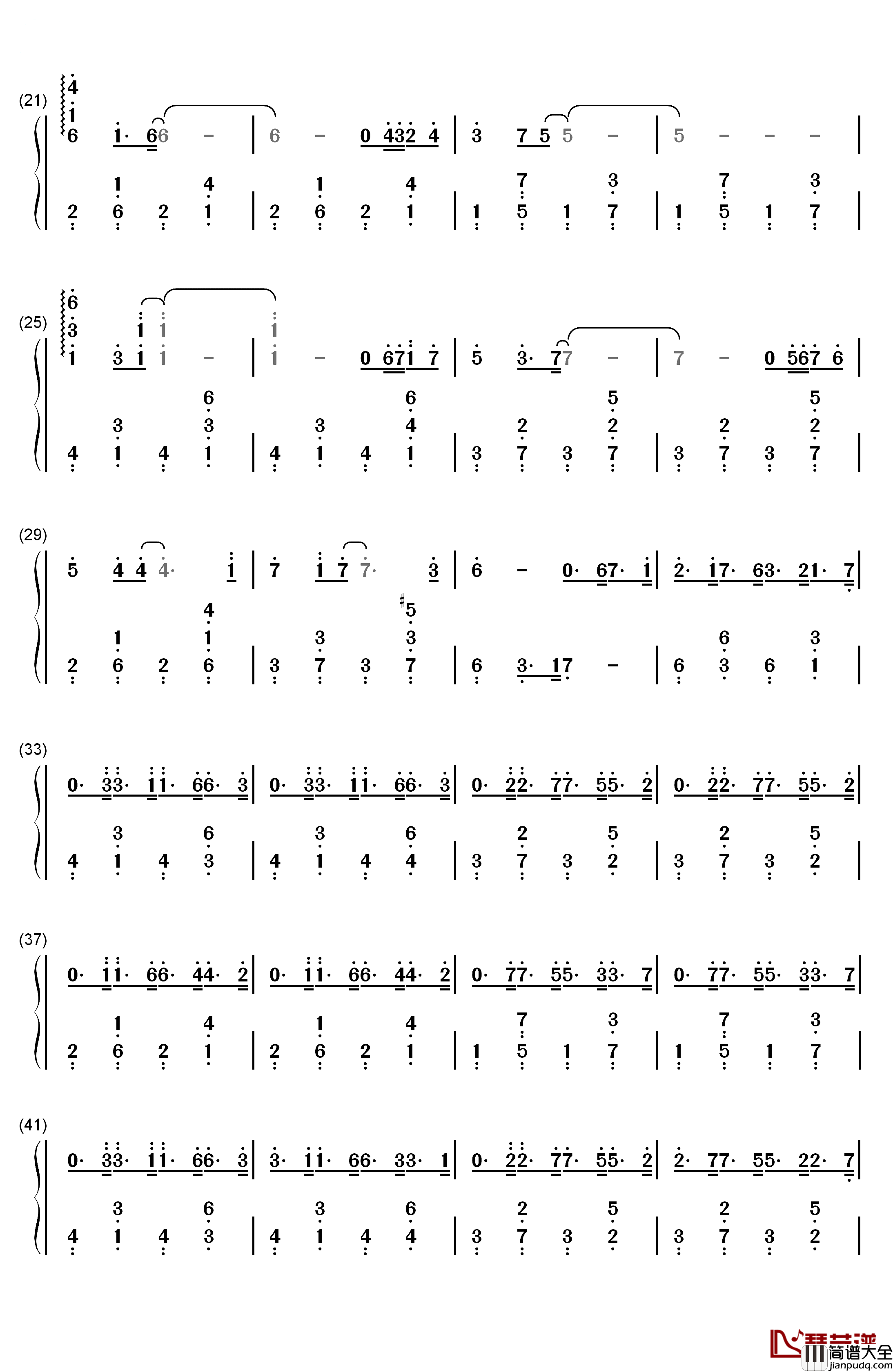 暗恋钢琴简谱_数字双手_石进