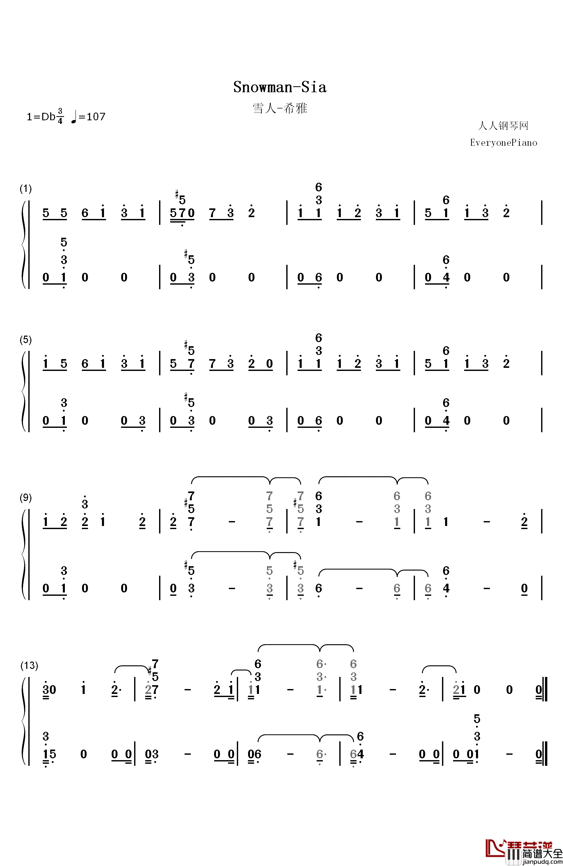 Snowman钢琴简谱_数字双手_Sia