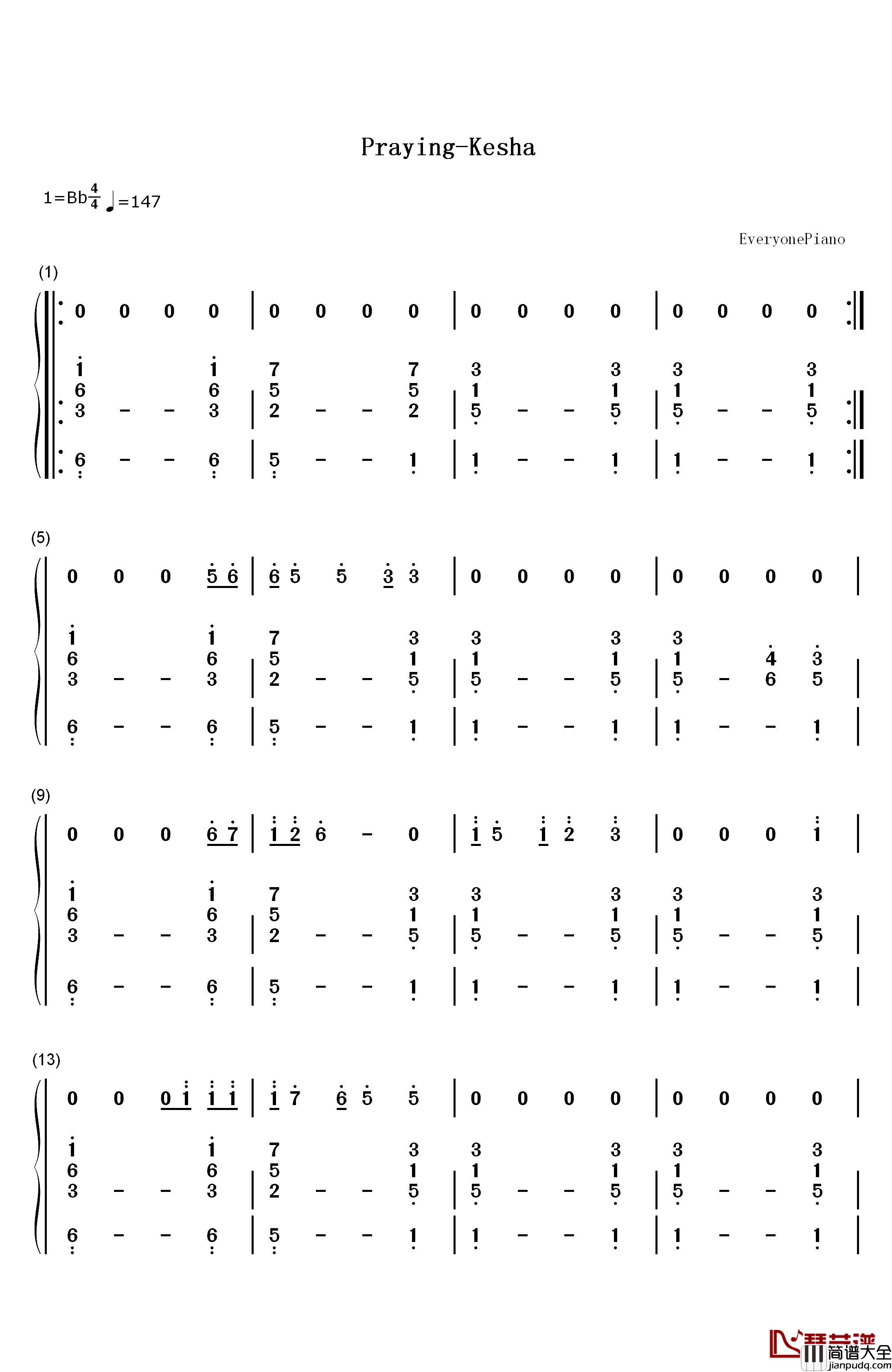 Praying钢琴简谱_数字双手_Kesha