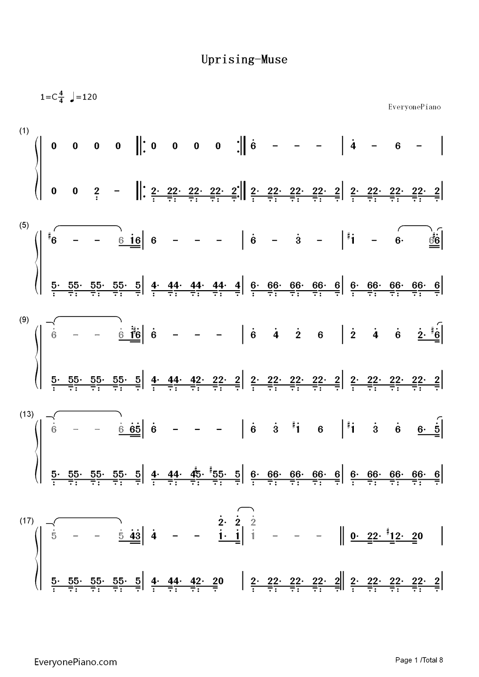 Uprising钢琴简谱_数字双手_Muse