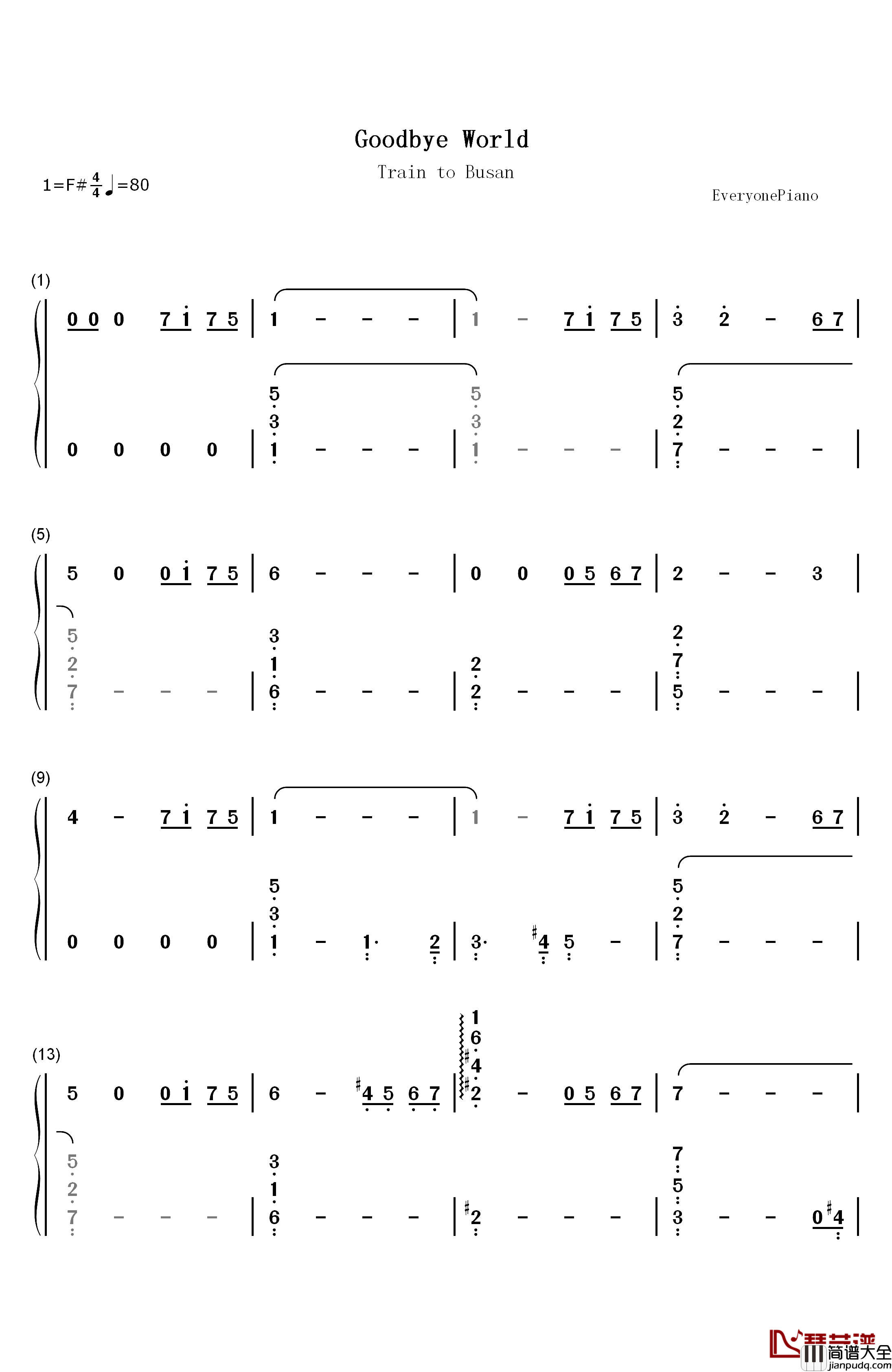 Goodbye_World钢琴简谱_数字双手_Jang_Young_gyu