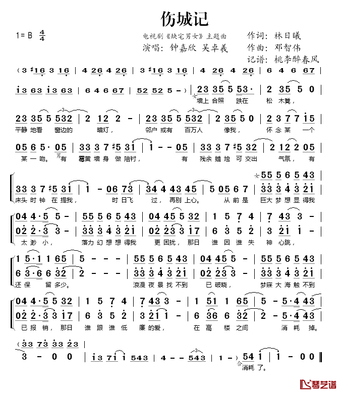 伤城记简谱(歌词)_钟嘉欣/吴卓羲演唱_桃李醉春风记谱