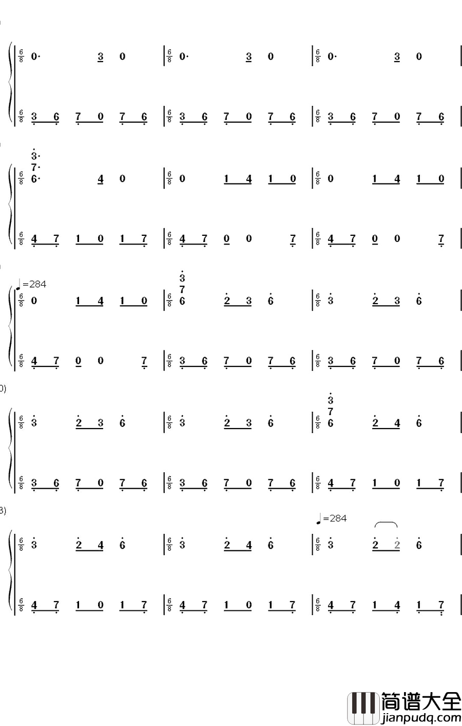 绯想天钢琴简谱_数字双手_东方Project