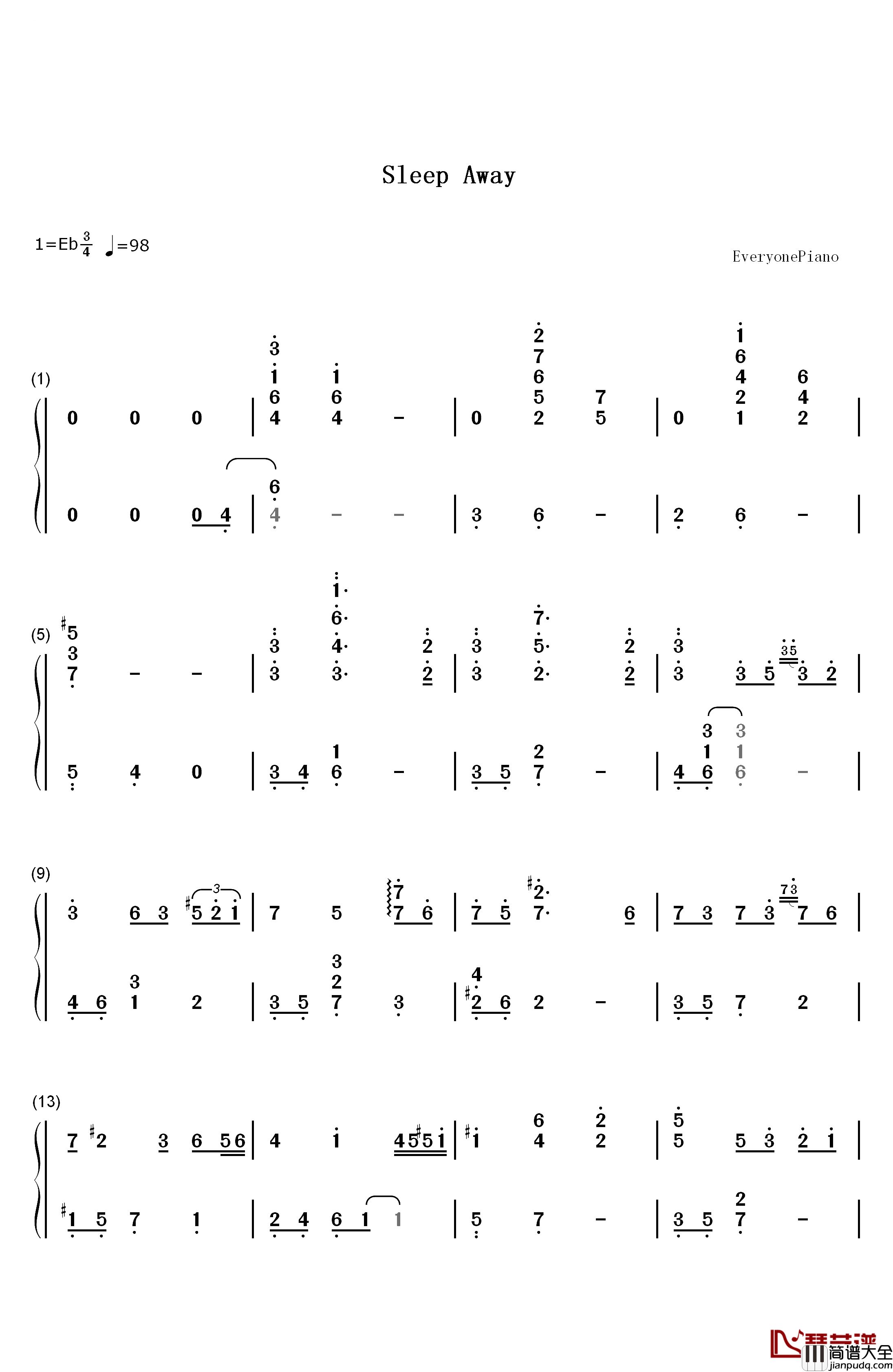 Sleep_Away钢琴简谱_数字双手_Bob_Acri