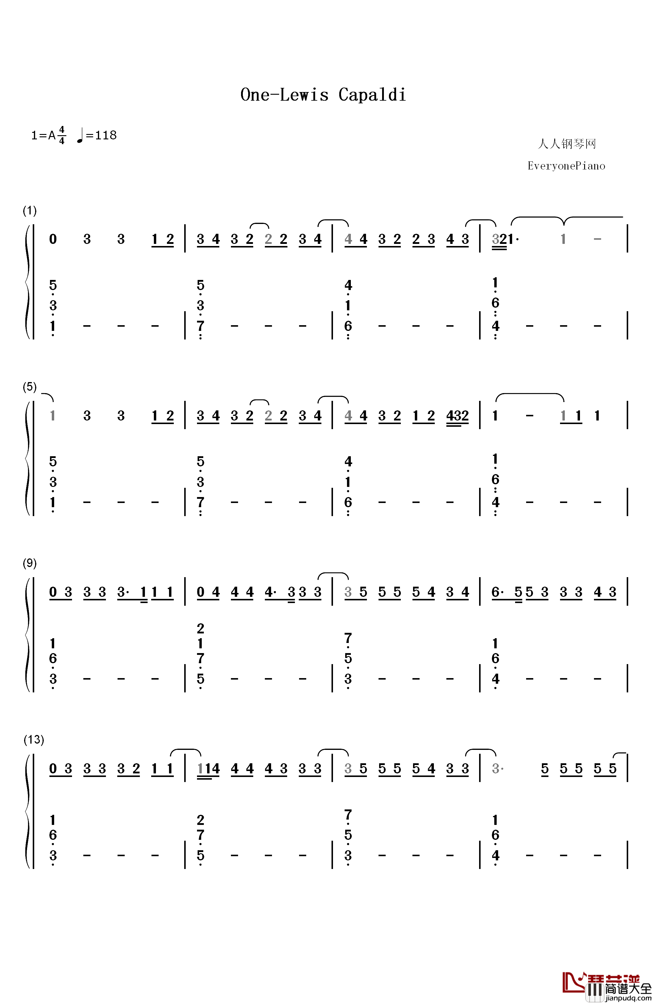 One钢琴简谱_数字双手_Lewis_Capaldi