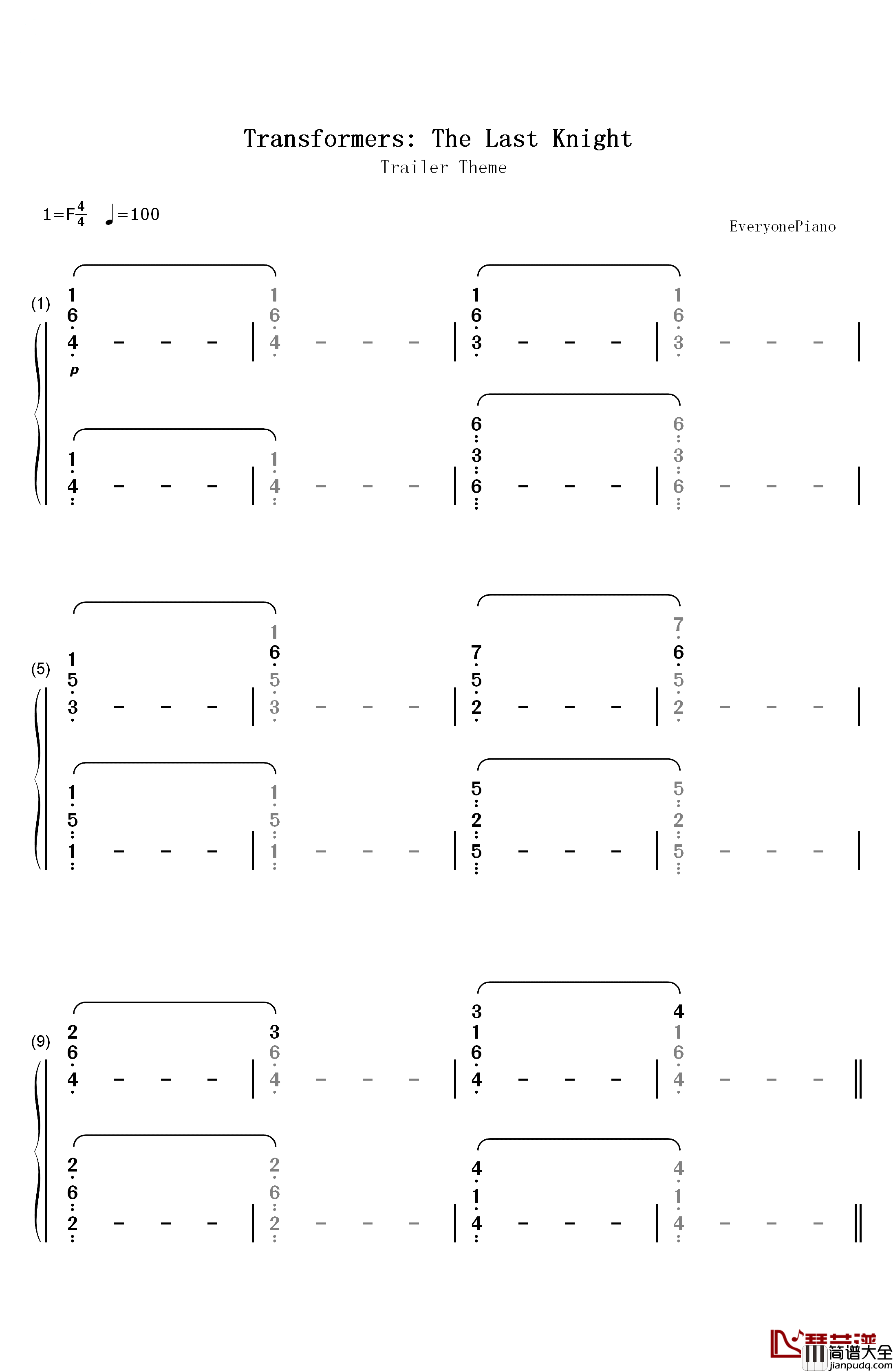 变形金刚5最后的骑士Trailer_Theme钢琴简谱_数字双手_Steve_Jablonsky