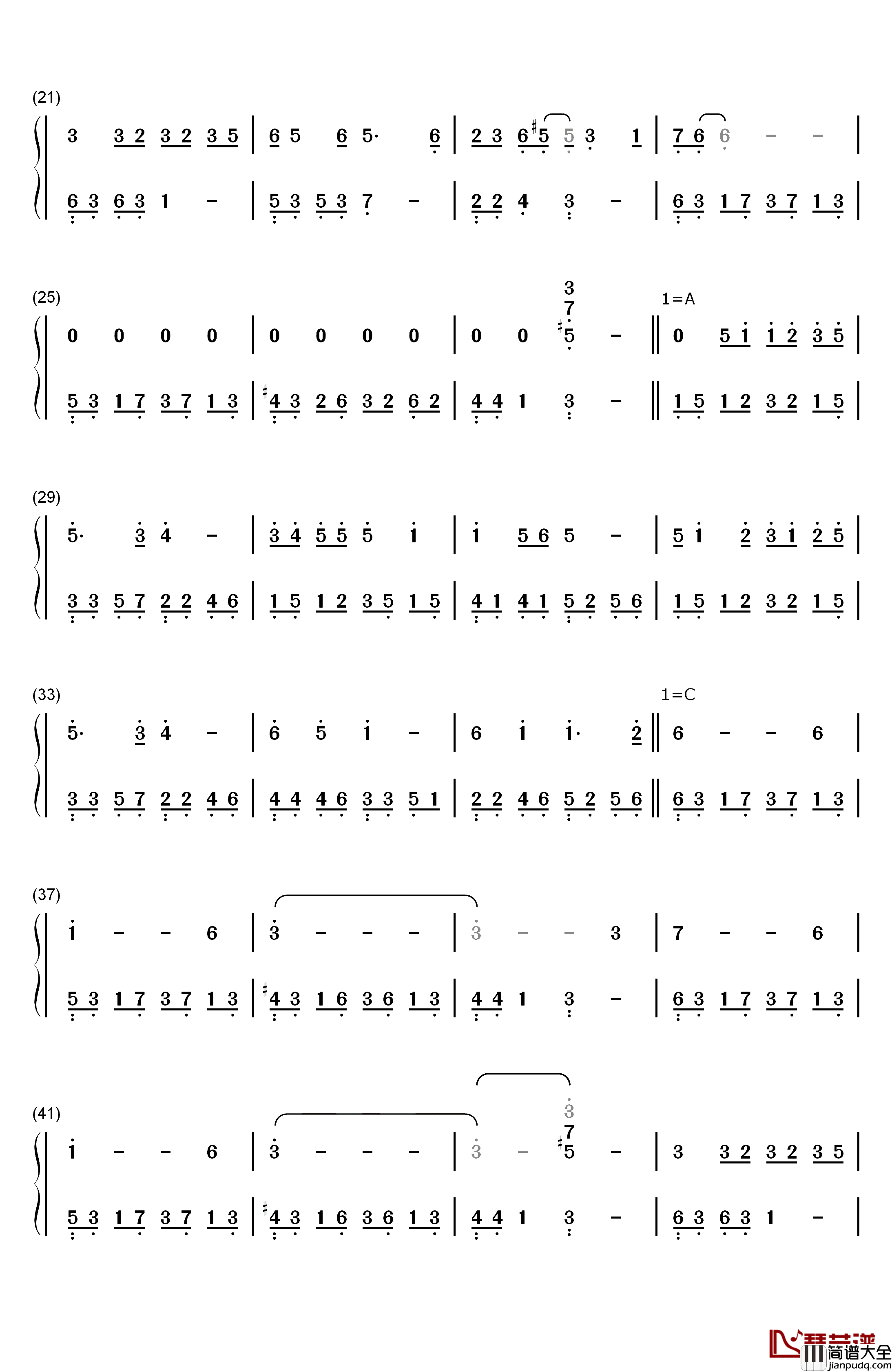 一纸情书钢琴简谱_数字双手_毛不易_岳云鹏