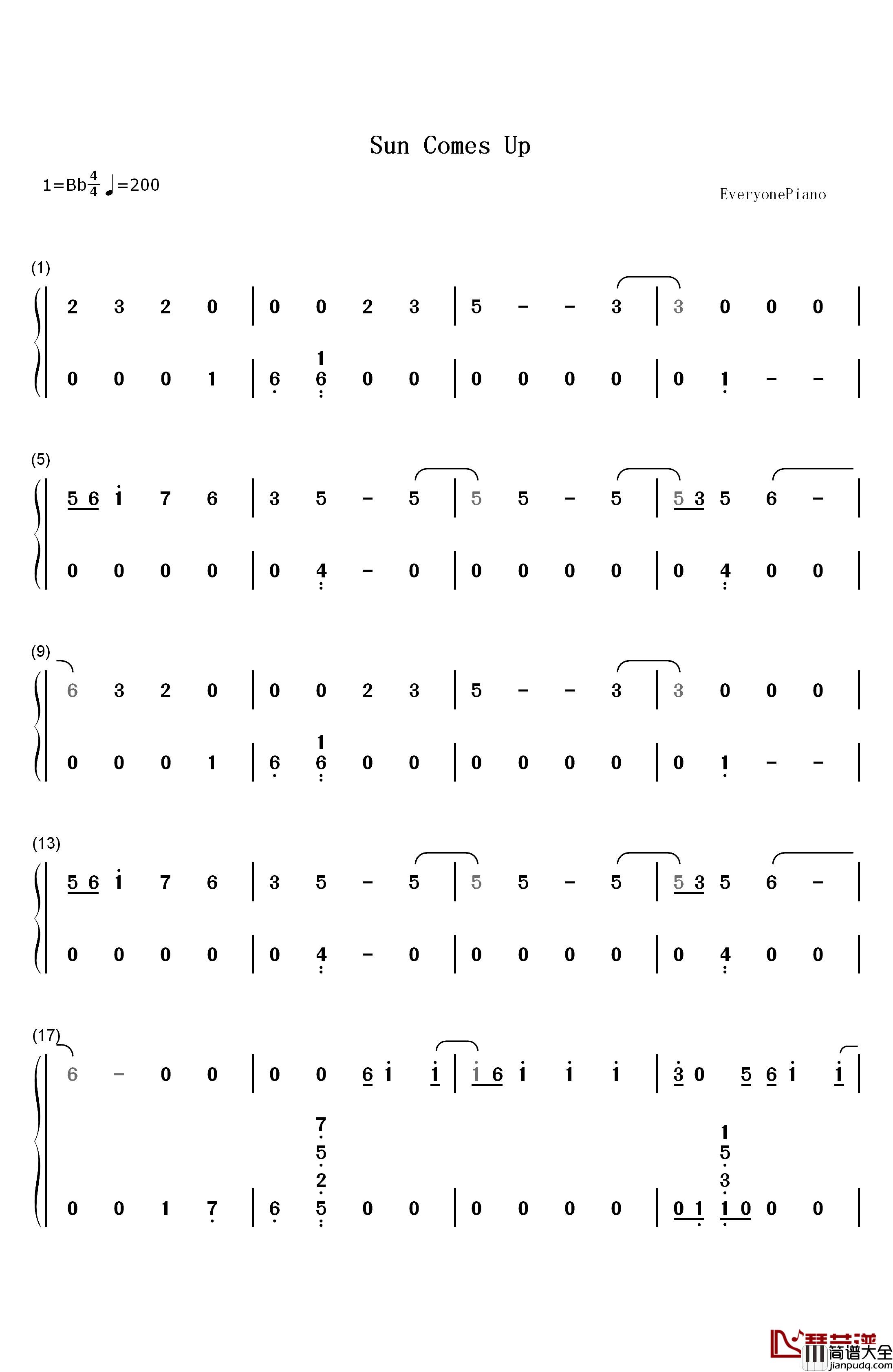 Sun_Comes_Up钢琴简谱_数字双手_Rudimental_James_Arthur