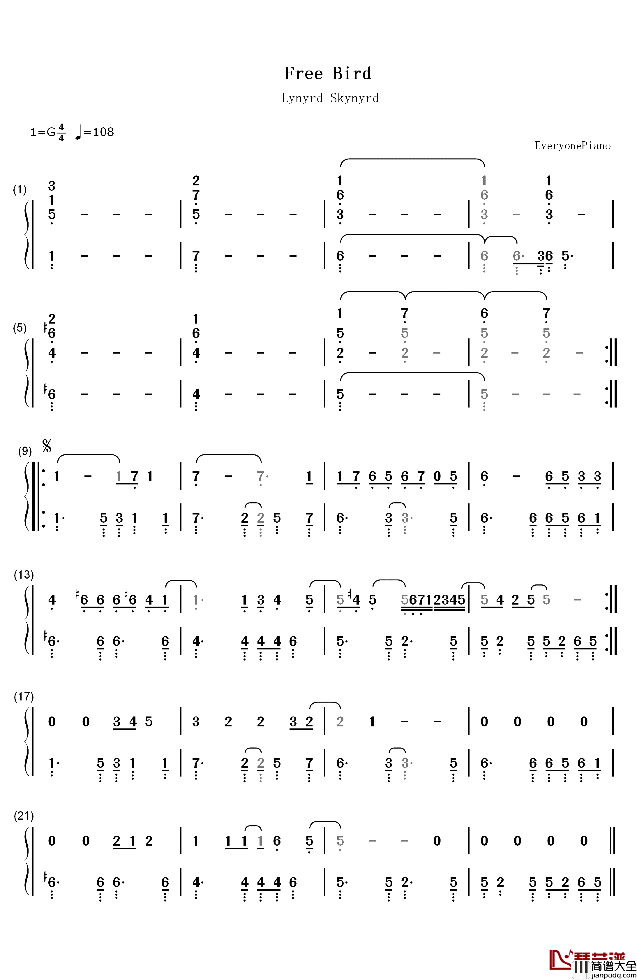 Free_Bird钢琴简谱_数字双手_Lynyrd_Skynyrd