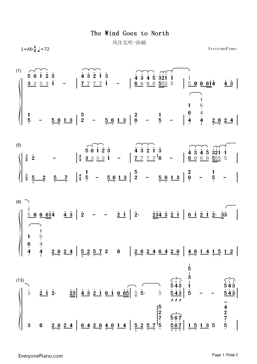 风往北吹钢琴简谱_数字双手_孙楠