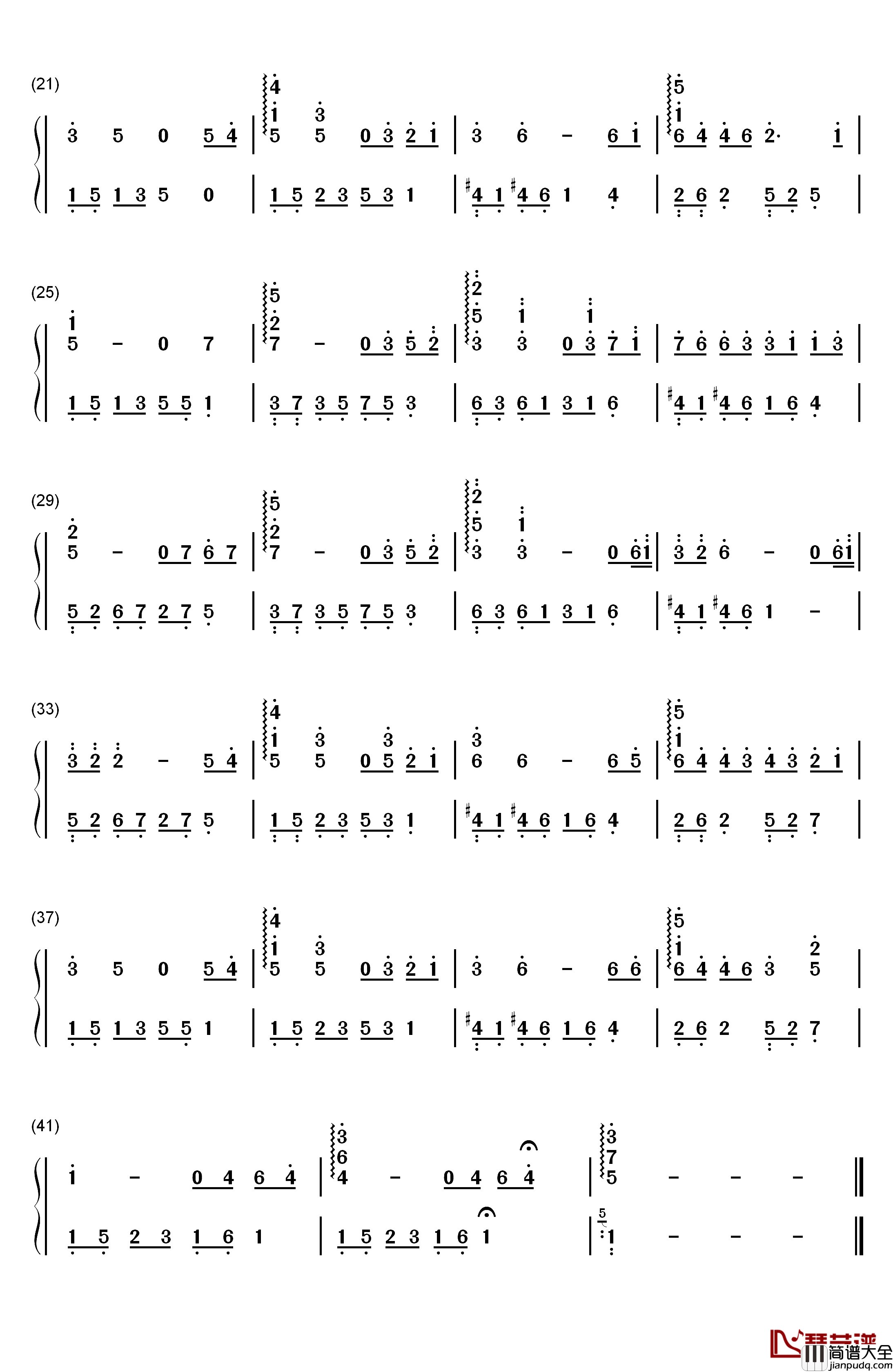 回眸钢琴简谱_数字双手_石进