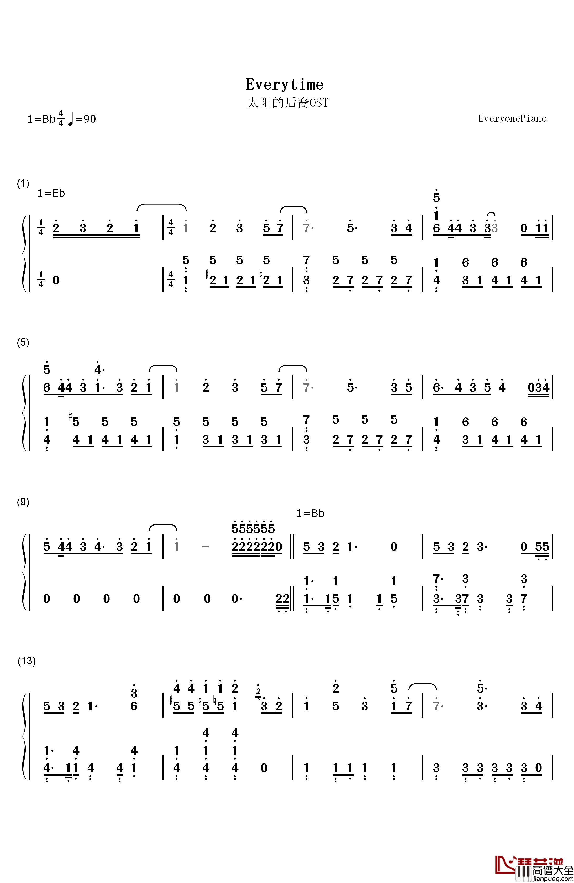 Everytime钢琴简谱_数字双手_Chen__Punch