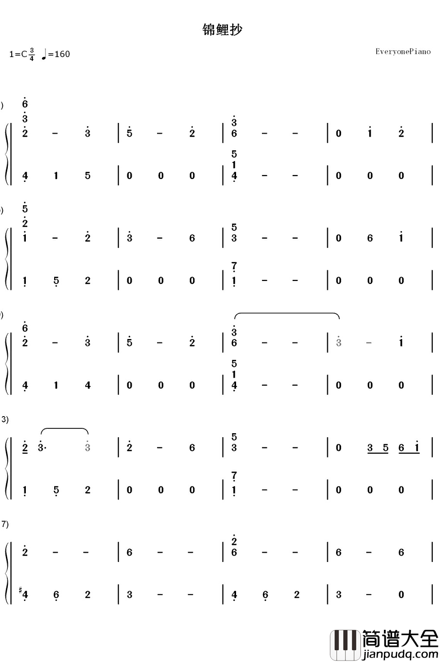 锦鲤抄钢琴版钢琴简谱_数字双手_云の泣__银临