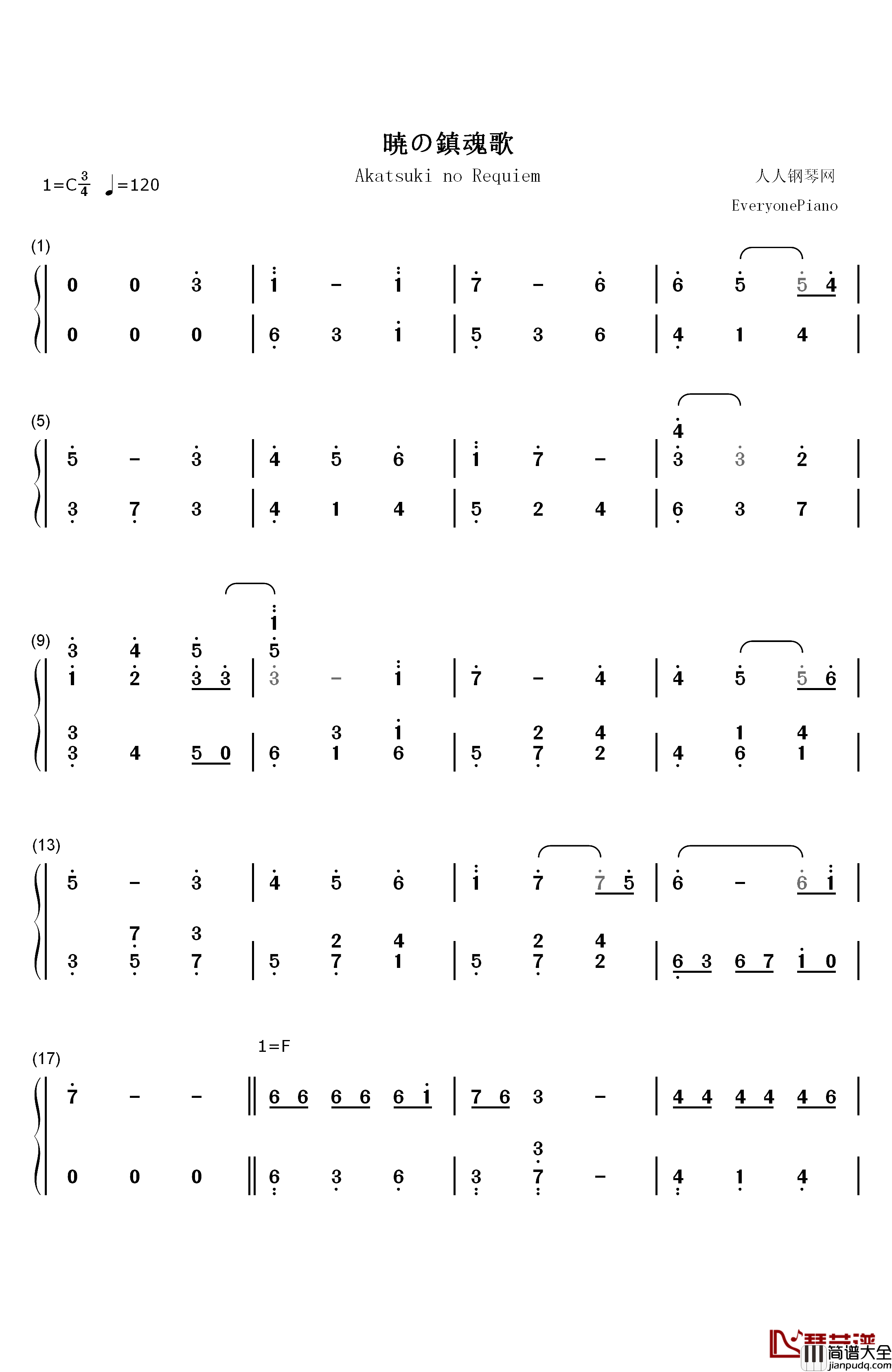 暁の鎮魂歌钢琴简谱_数字双手_Linked_Horizon
