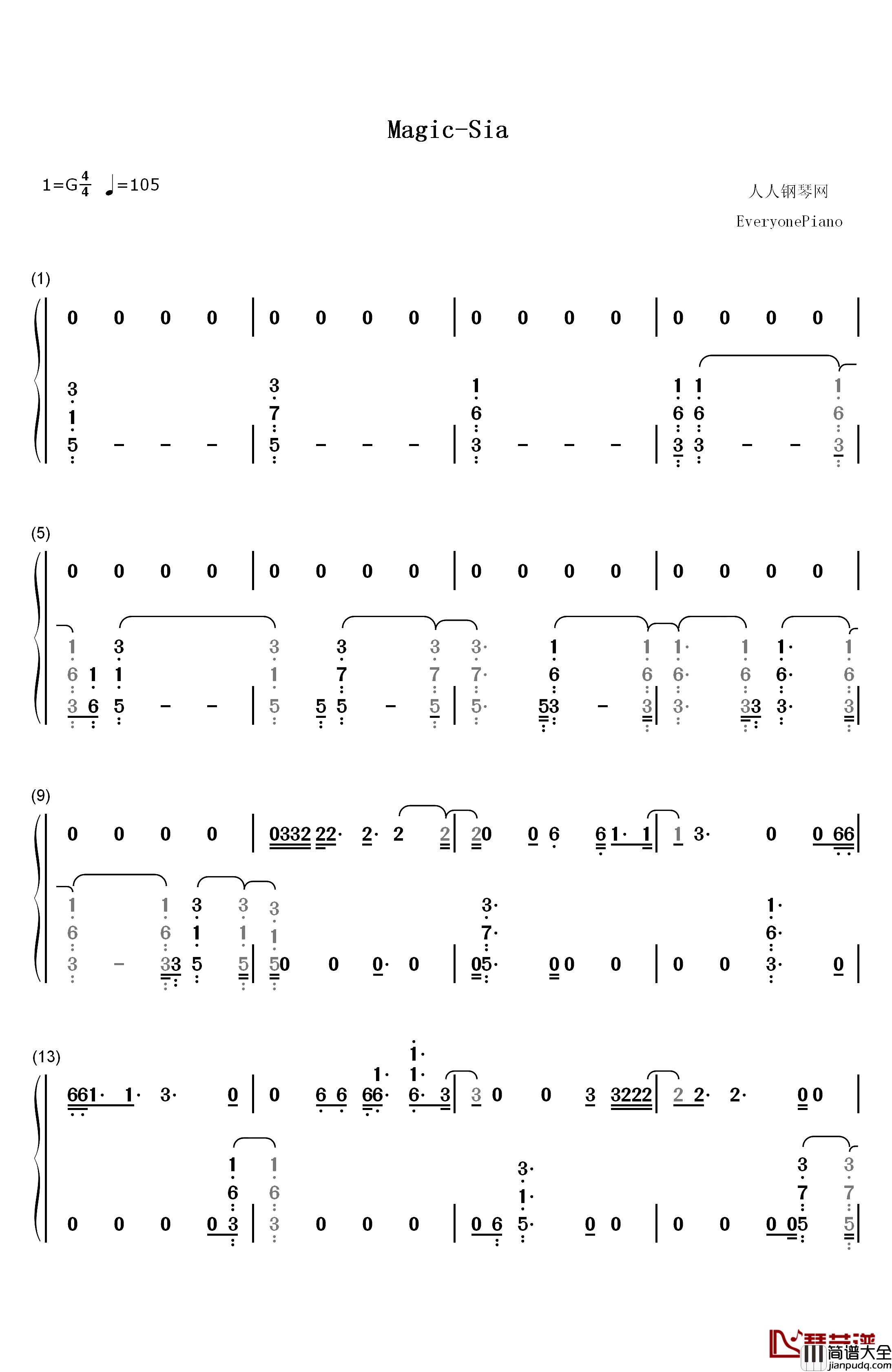 Magic钢琴简谱_数字双手_Sia