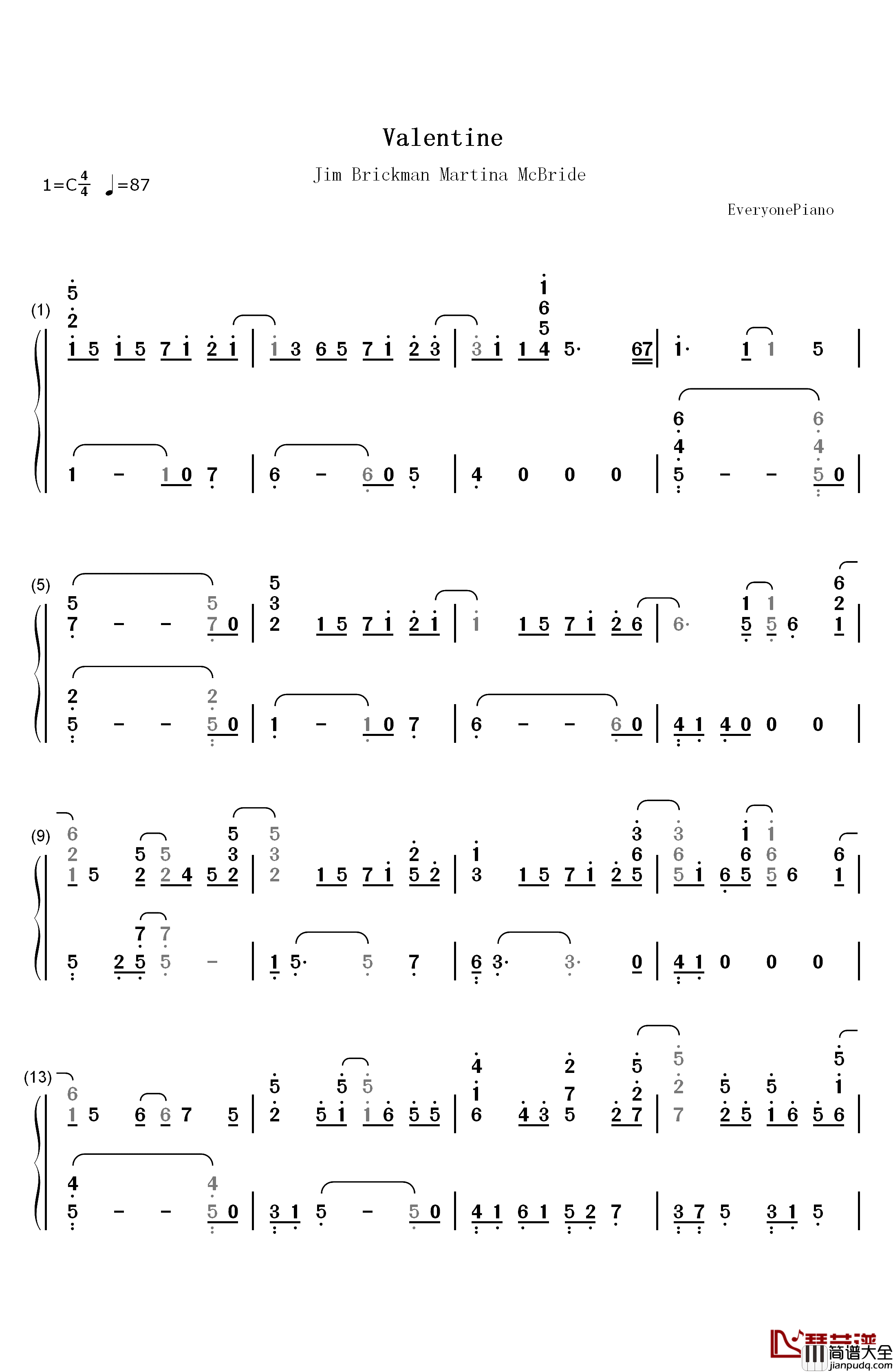 Valentine钢琴简谱_数字双手_Jim_Brickman_Martina_McBride