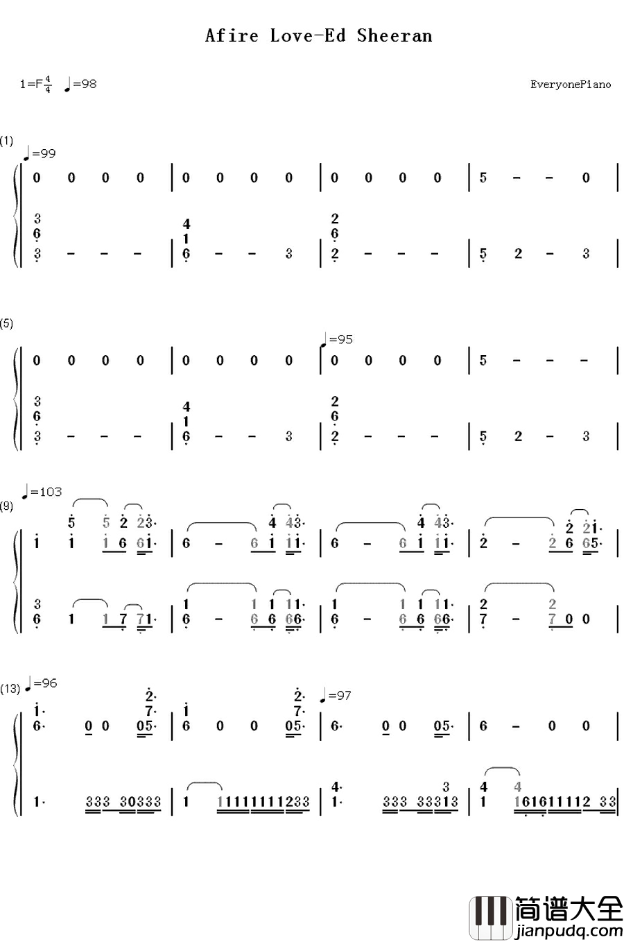 Afire_Love钢琴简谱_数字双手_Ed_Sheeran