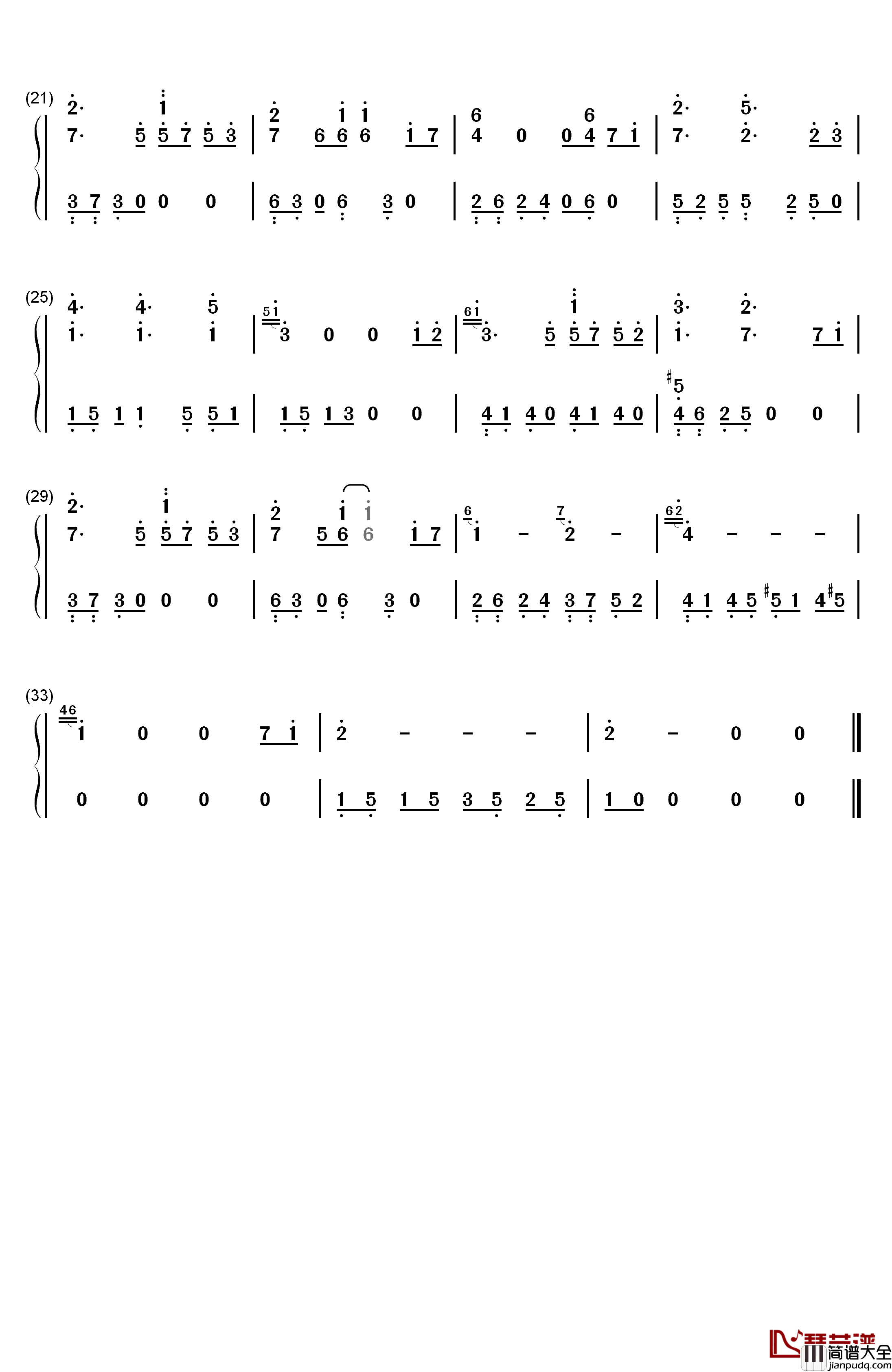 静かな冬の夜钢琴简谱_数字双手_Leaf