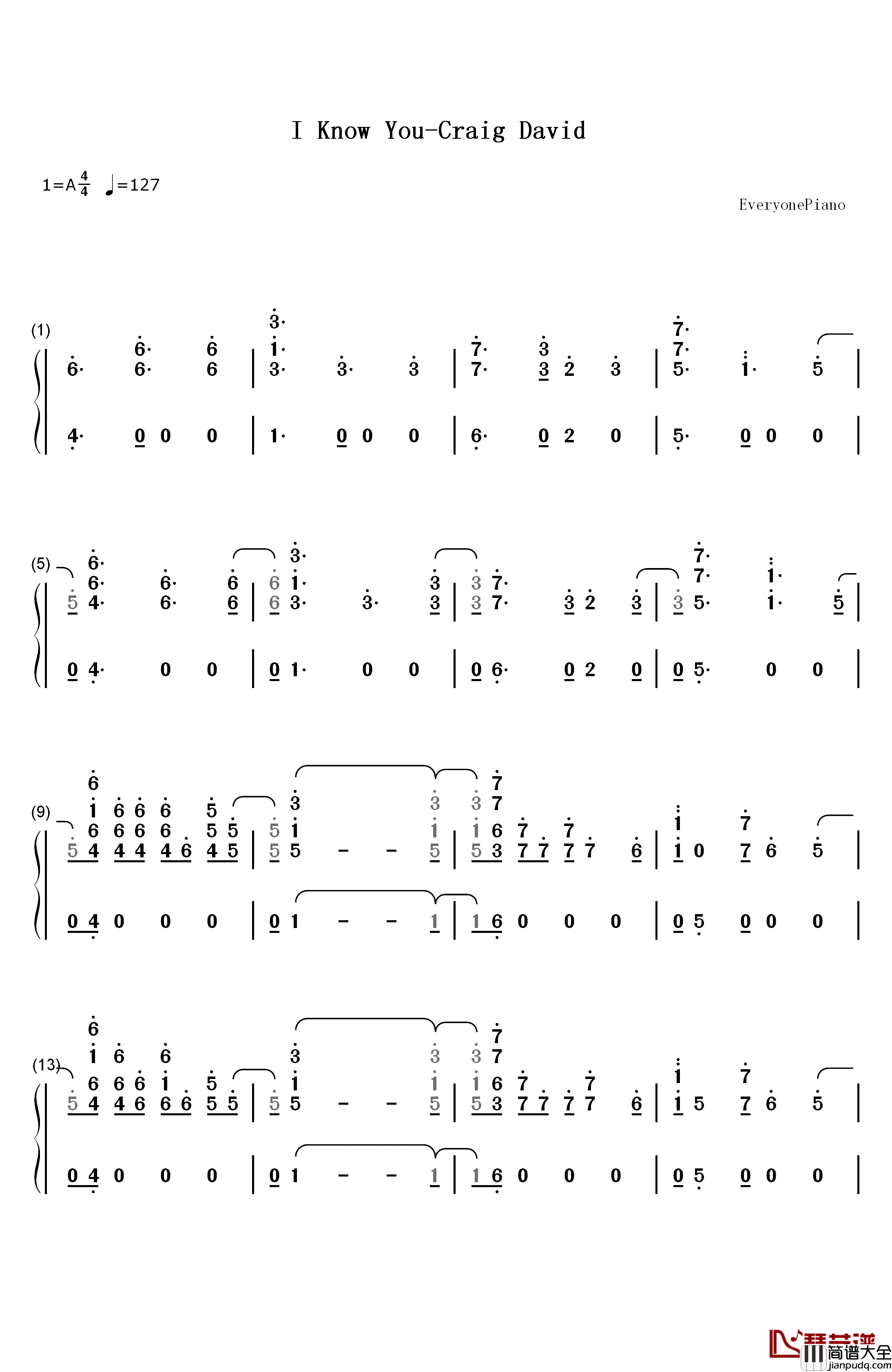 I_Know_You钢琴简谱_数字双手_Craig_David_Bastille