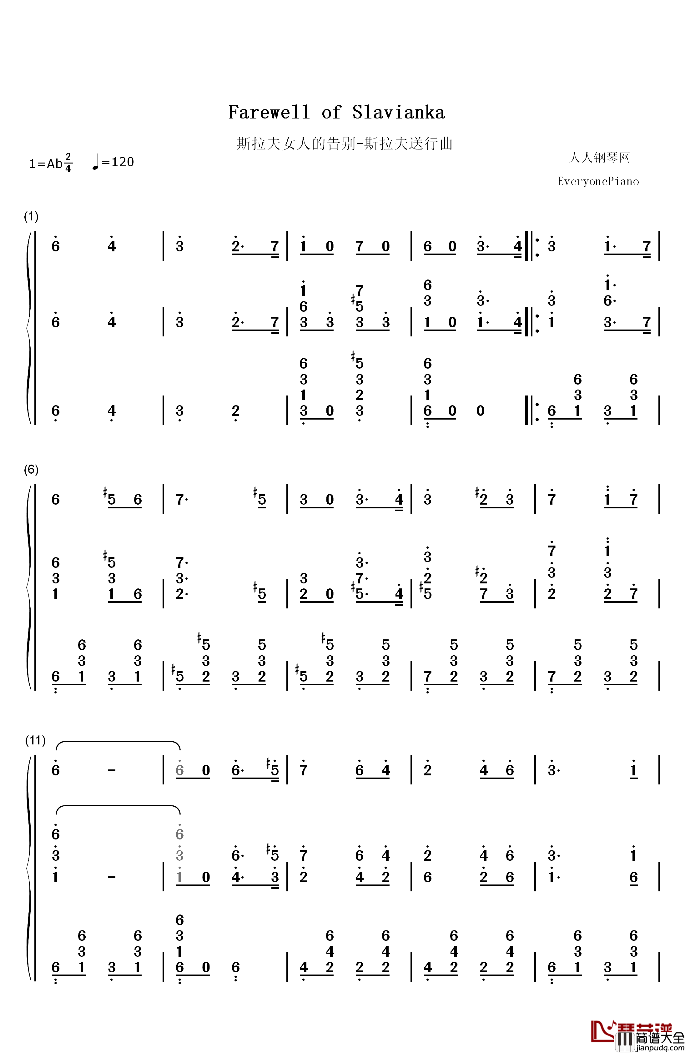 斯拉夫女人的告别钢琴简谱_数字双手_瓦西里·伊万诺维奇·阿加普金