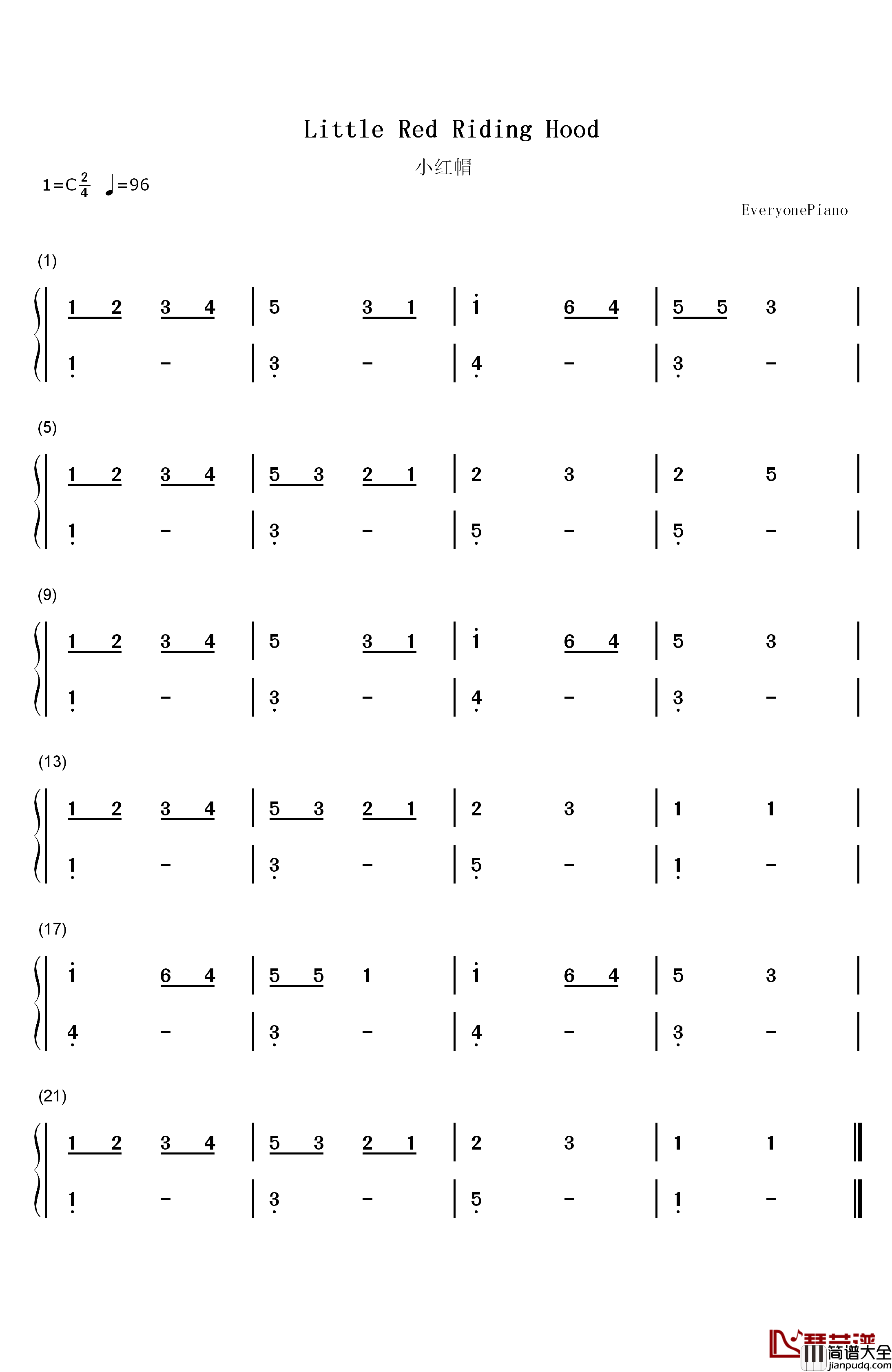 小红帽钢琴简谱_数字双手_Stephy_Tang