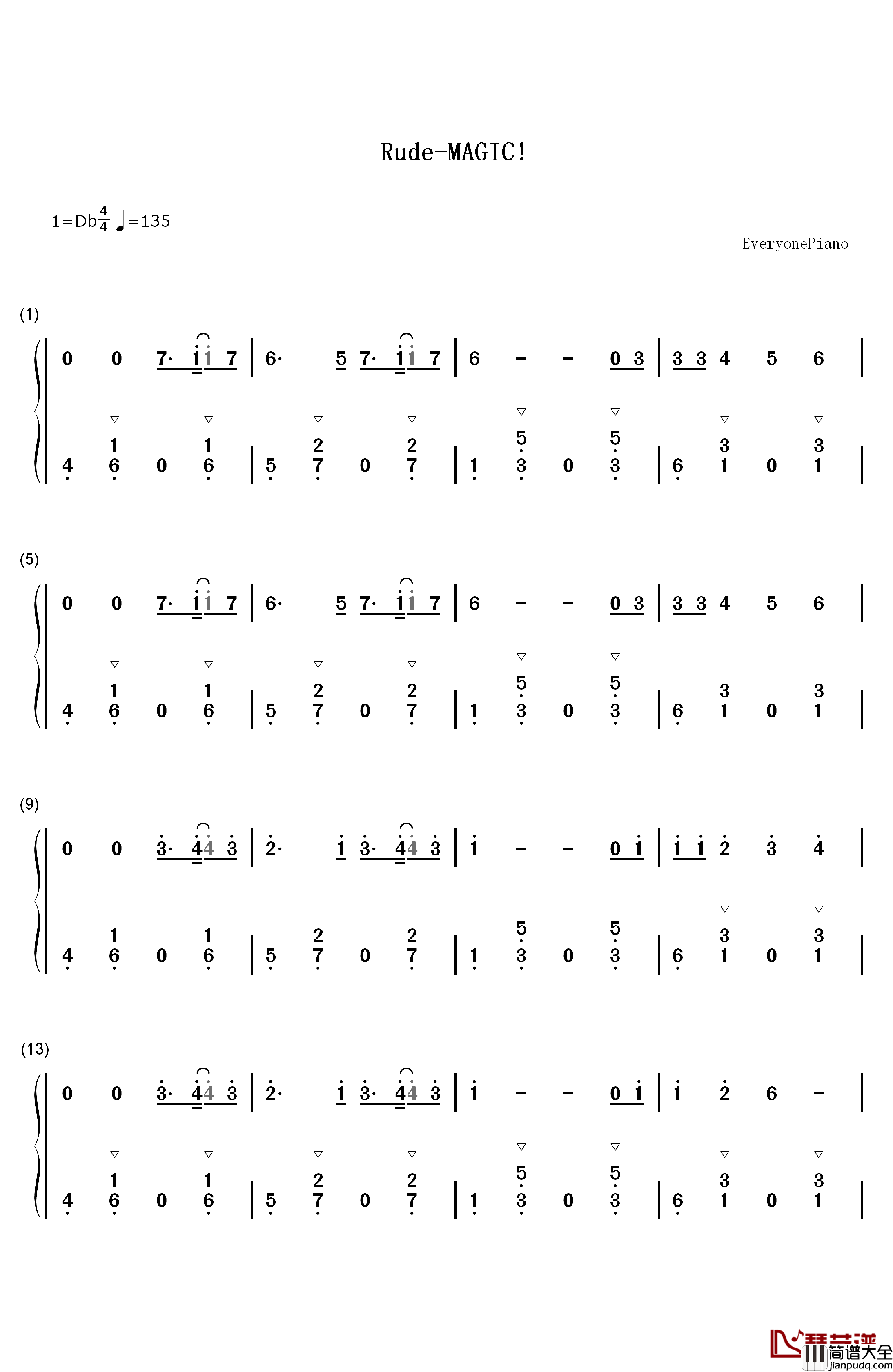 Rude钢琴简谱_数字双手_MAGIC!