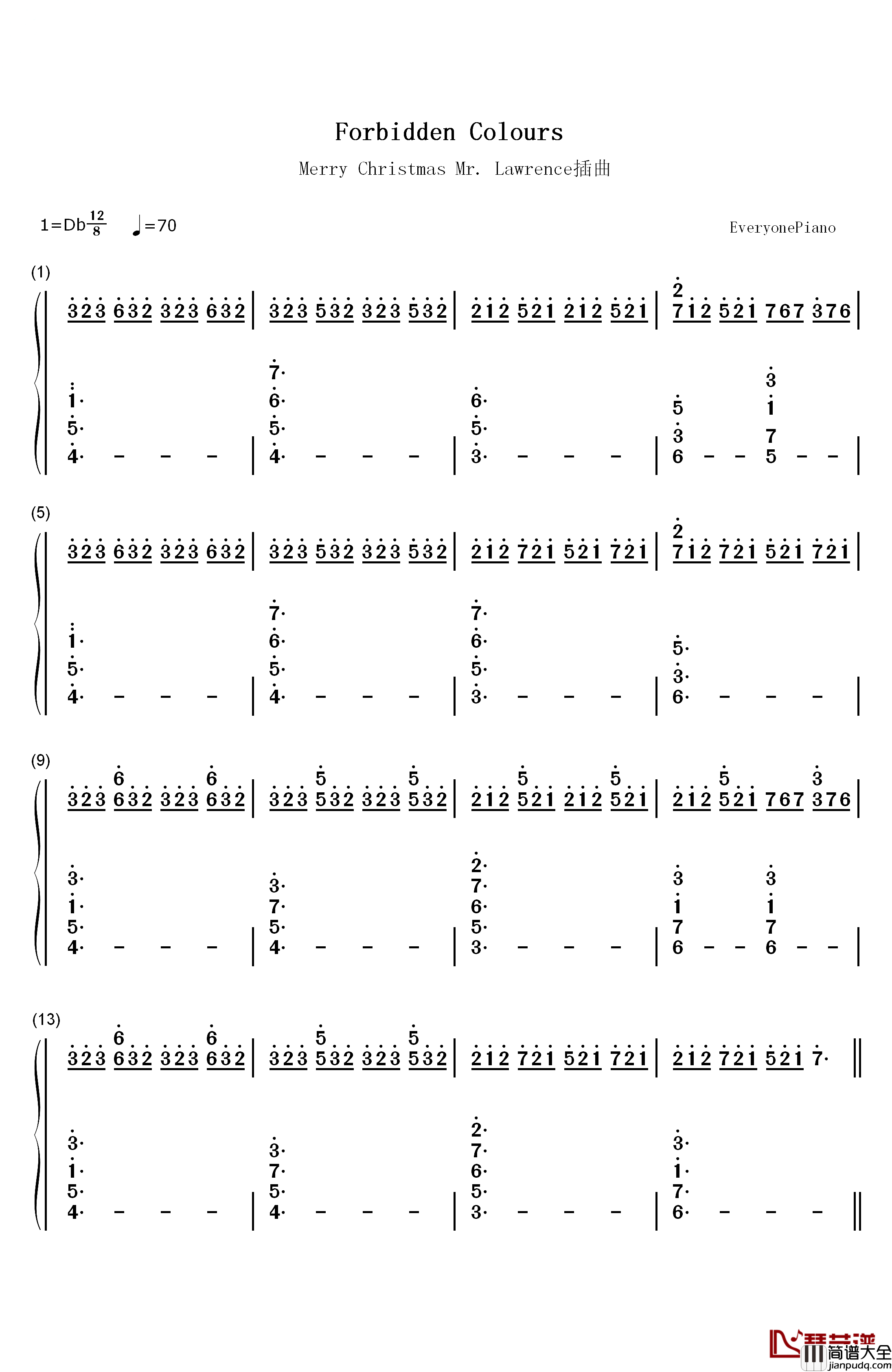 Forbidden_Colours钢琴简谱_数字双手_坂本龙一