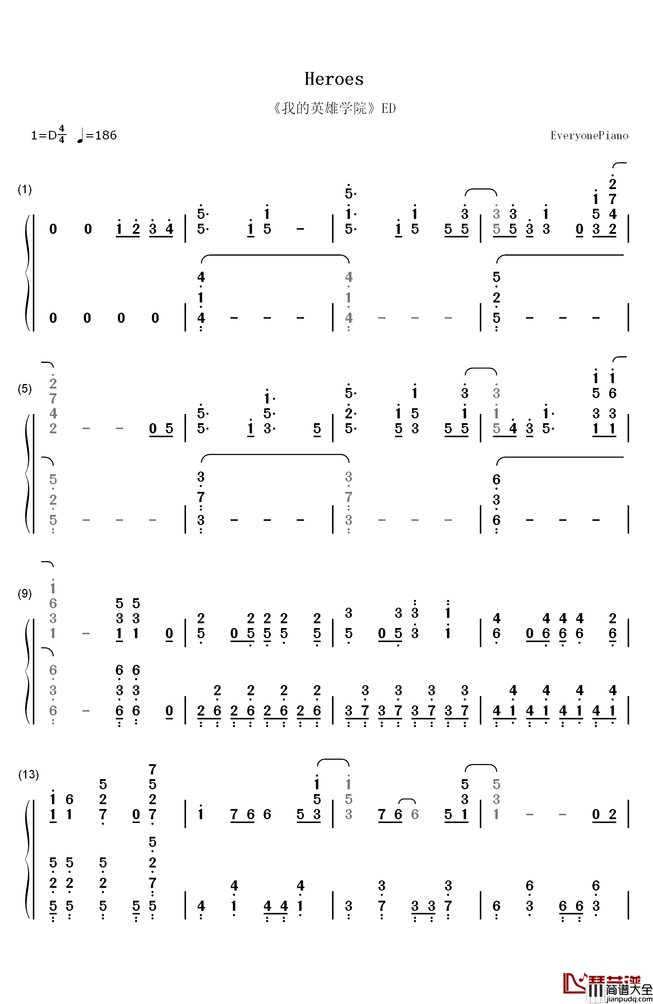 Heroes钢琴简谱_数字双手_Brian_the_Sun