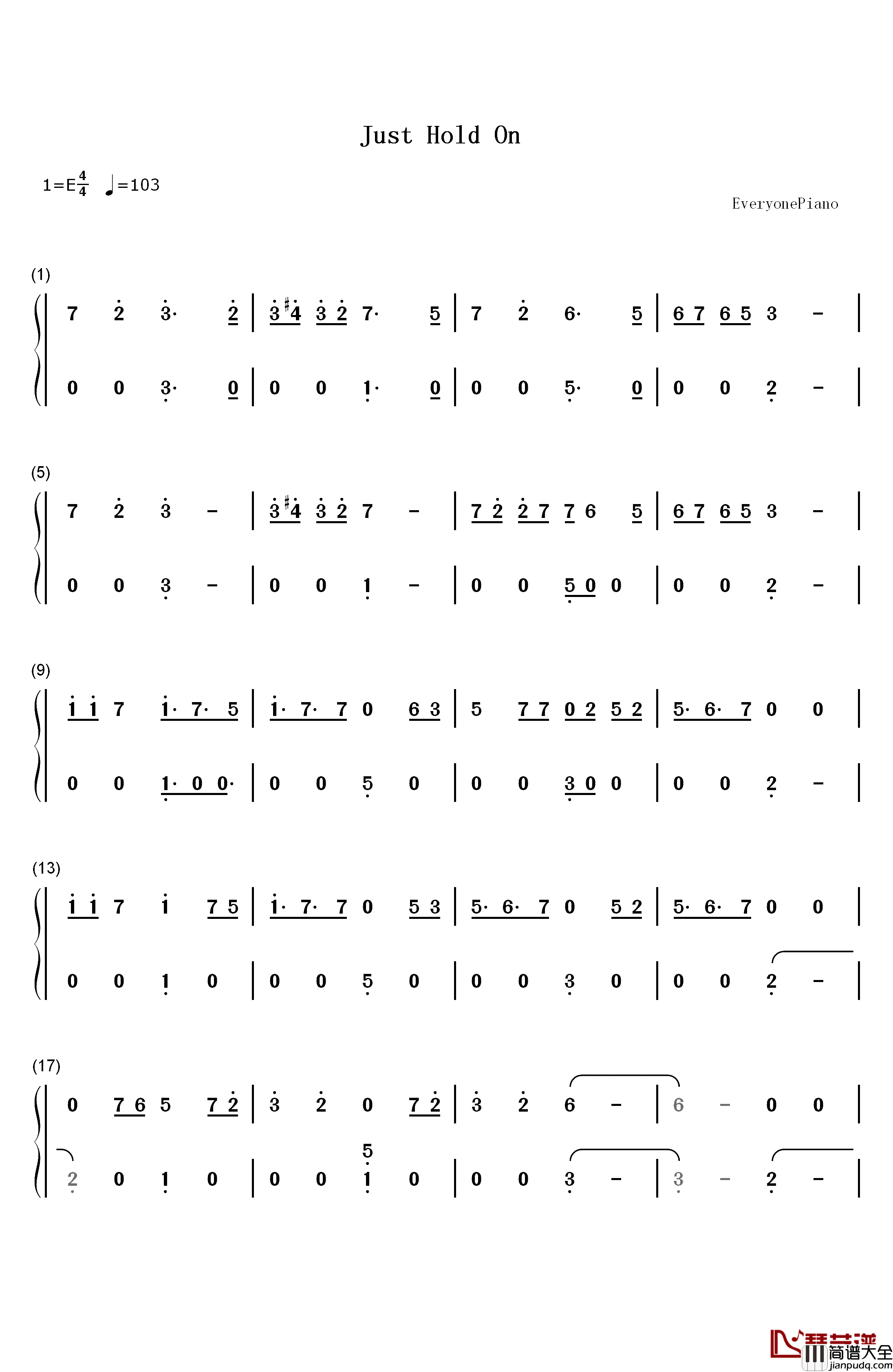 Just_Hold_On钢琴简谱_数字双手_Steve_Aoki_and_Louis_Tomlinson