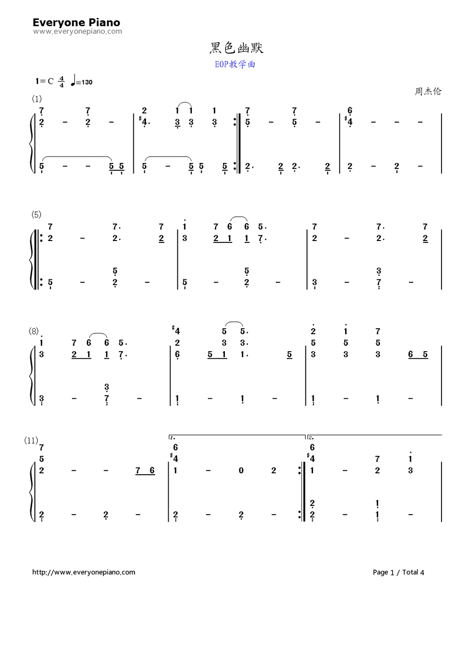 黑色幽默钢琴简谱_数字双手_周杰伦