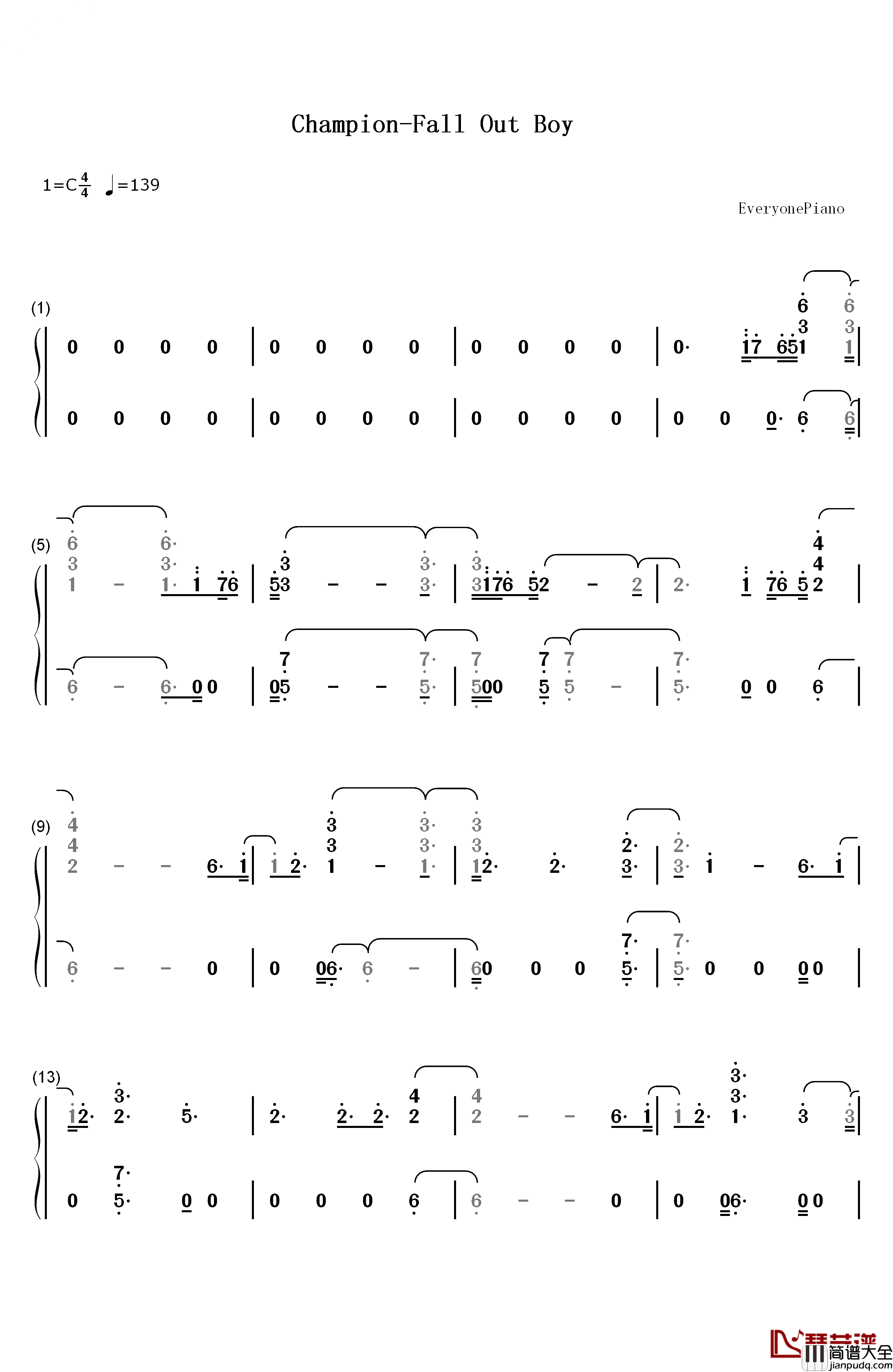 Champion钢琴简谱_数字双手_Fall_Out_Boy