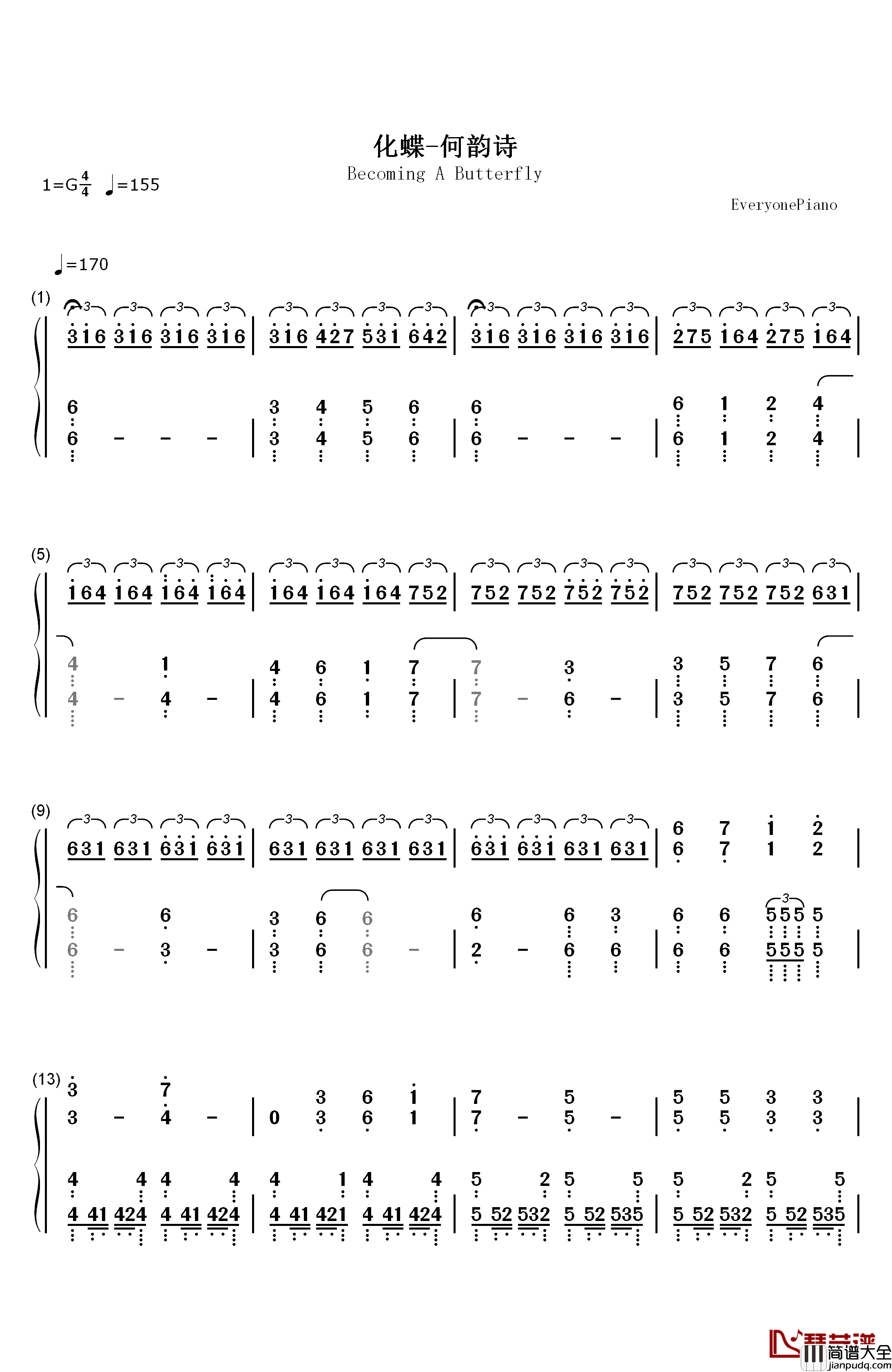 化蝶钢琴简谱_数字双手_何韵诗