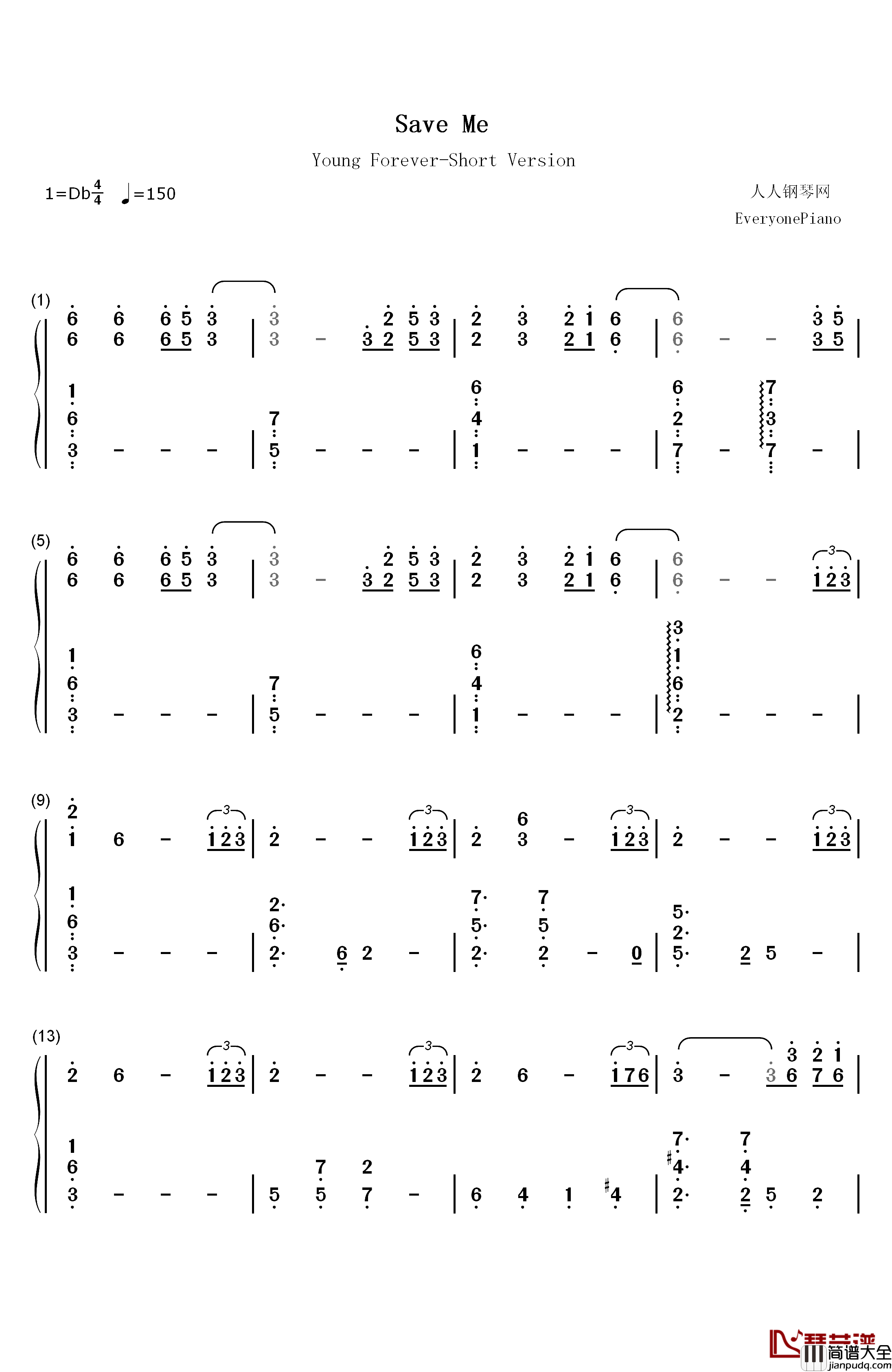 Save_Me钢琴简谱_数字双手_防弹少年团