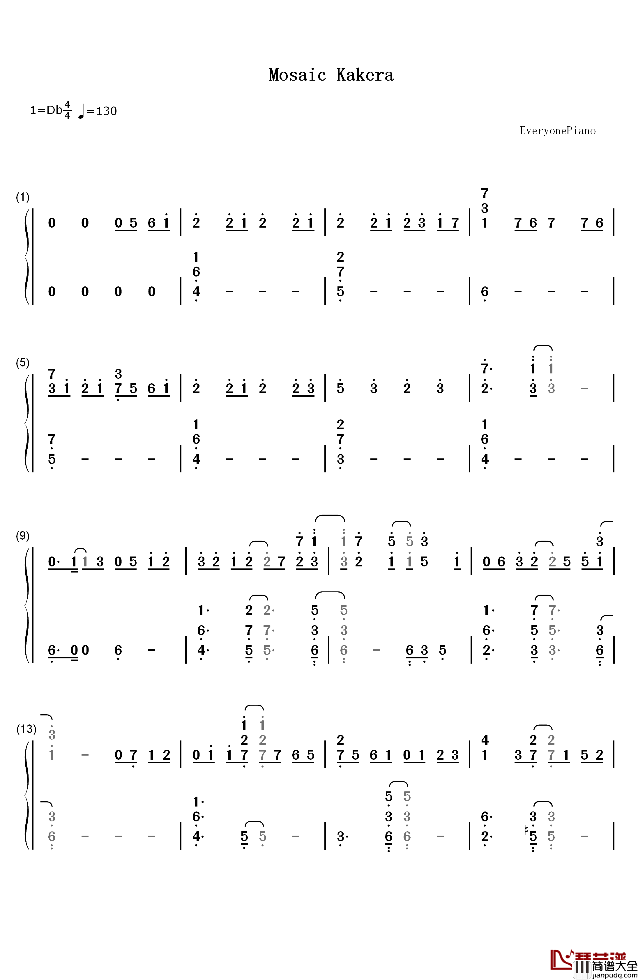 モザイクカケラ钢琴简谱_数字双手_SunSet_Swish