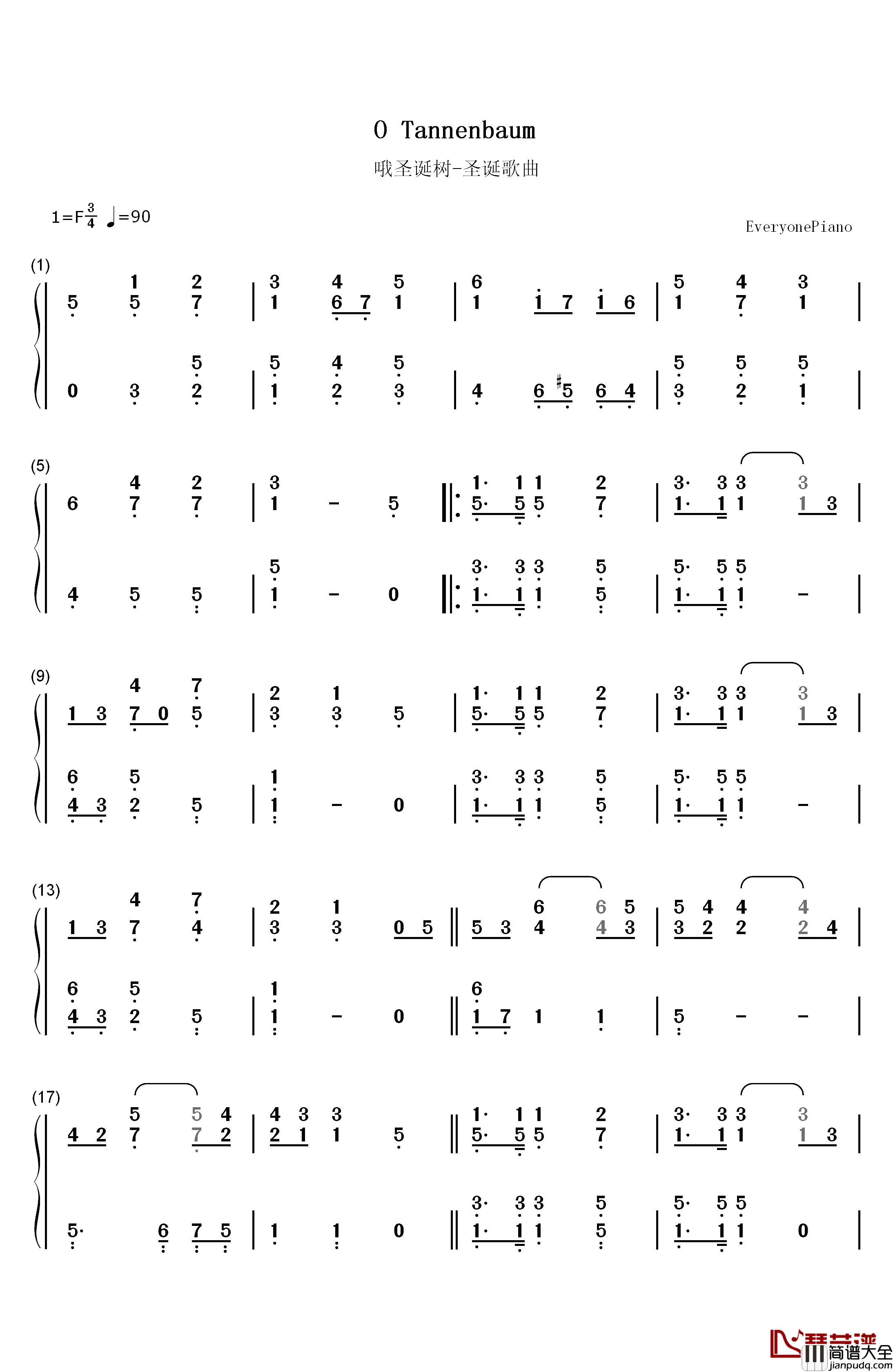 哦圣诞树钢琴简谱_数字双手_未知