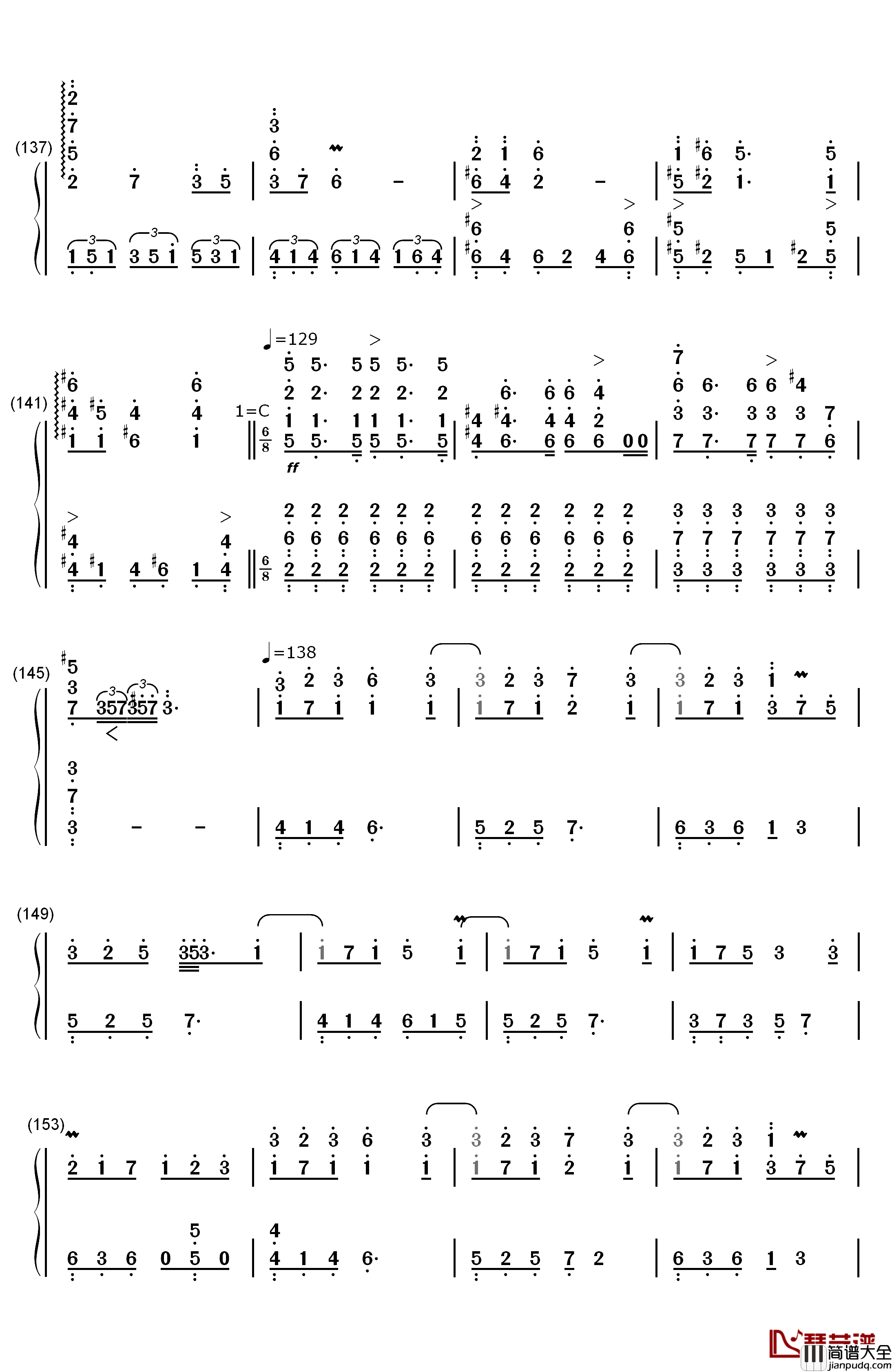 纯白钢琴简谱_数字双手_V.K克