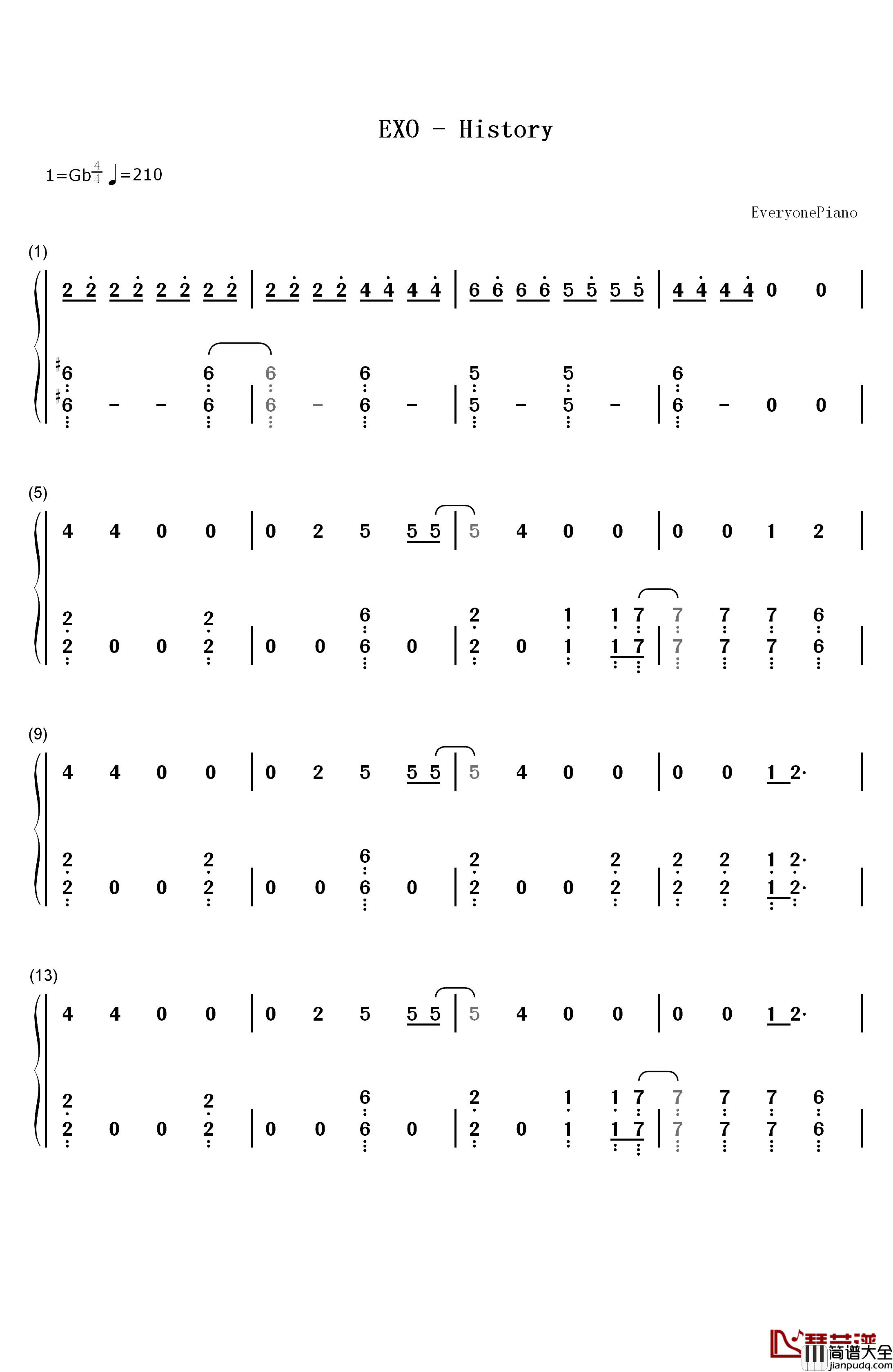 History钢琴简谱_数字双手_EXO