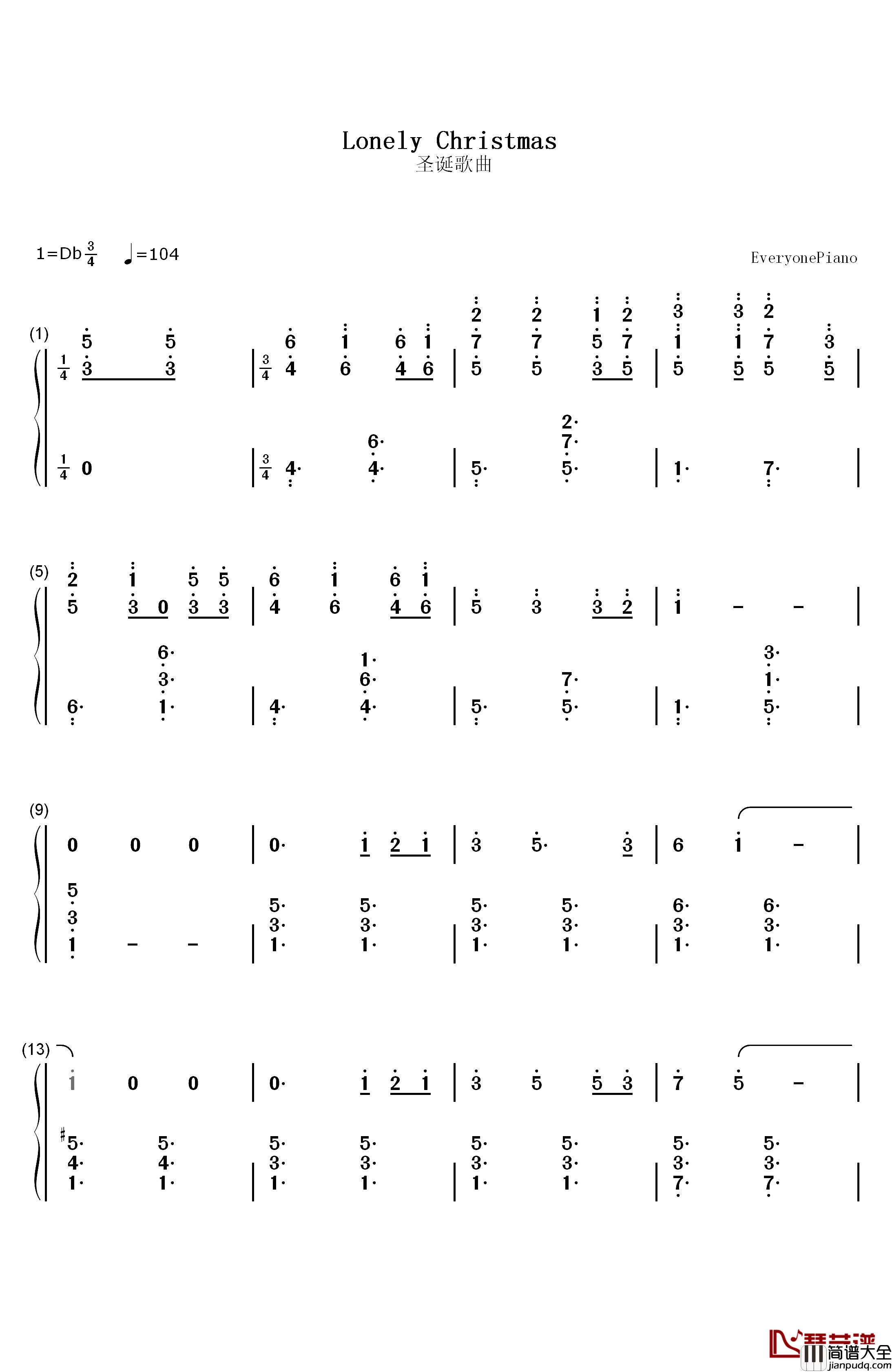 lonely_christmas钢琴简谱_数字双手_陈奕迅