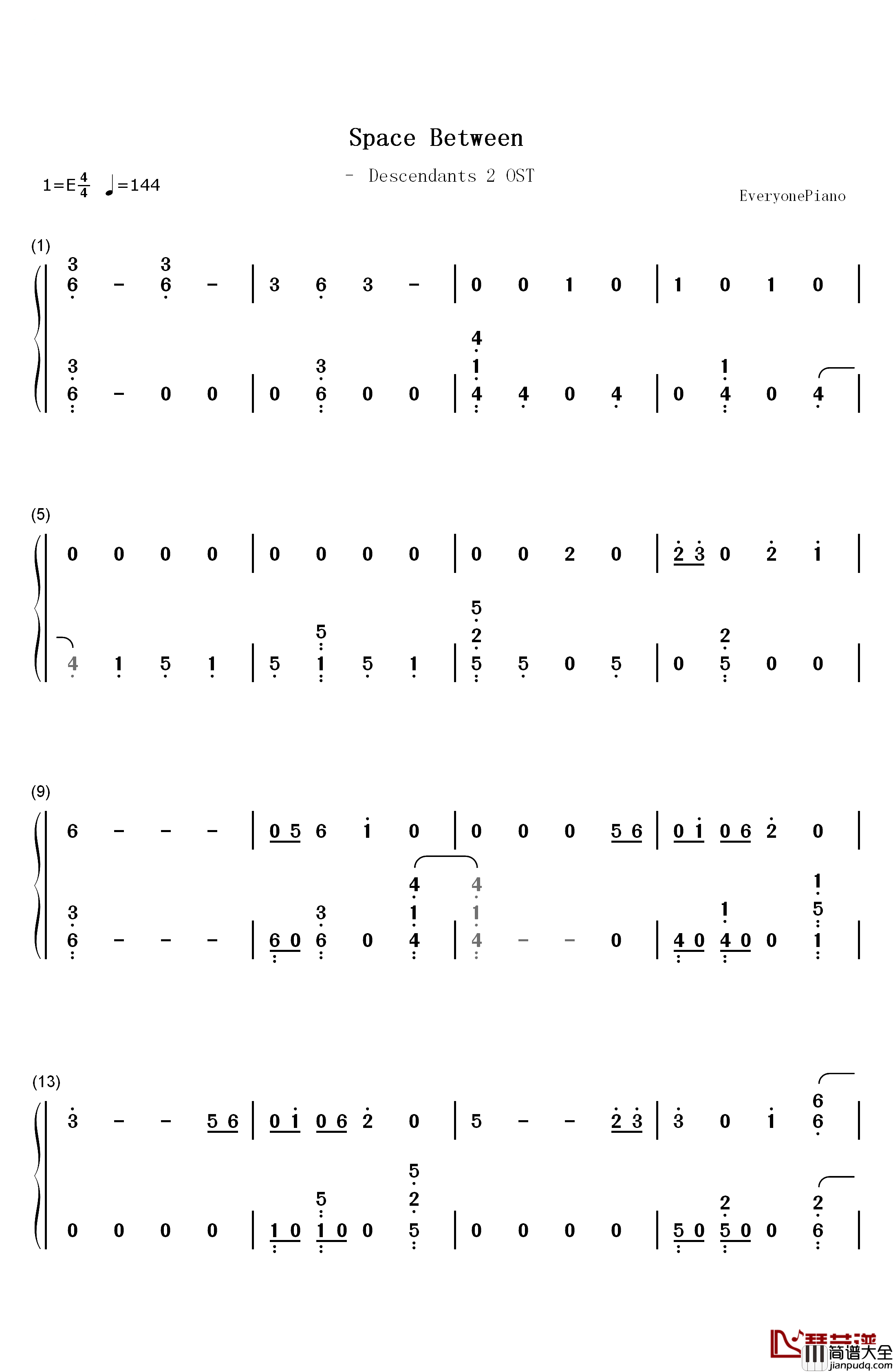 Space_Between钢琴简谱_数字双手_Mal_Evie