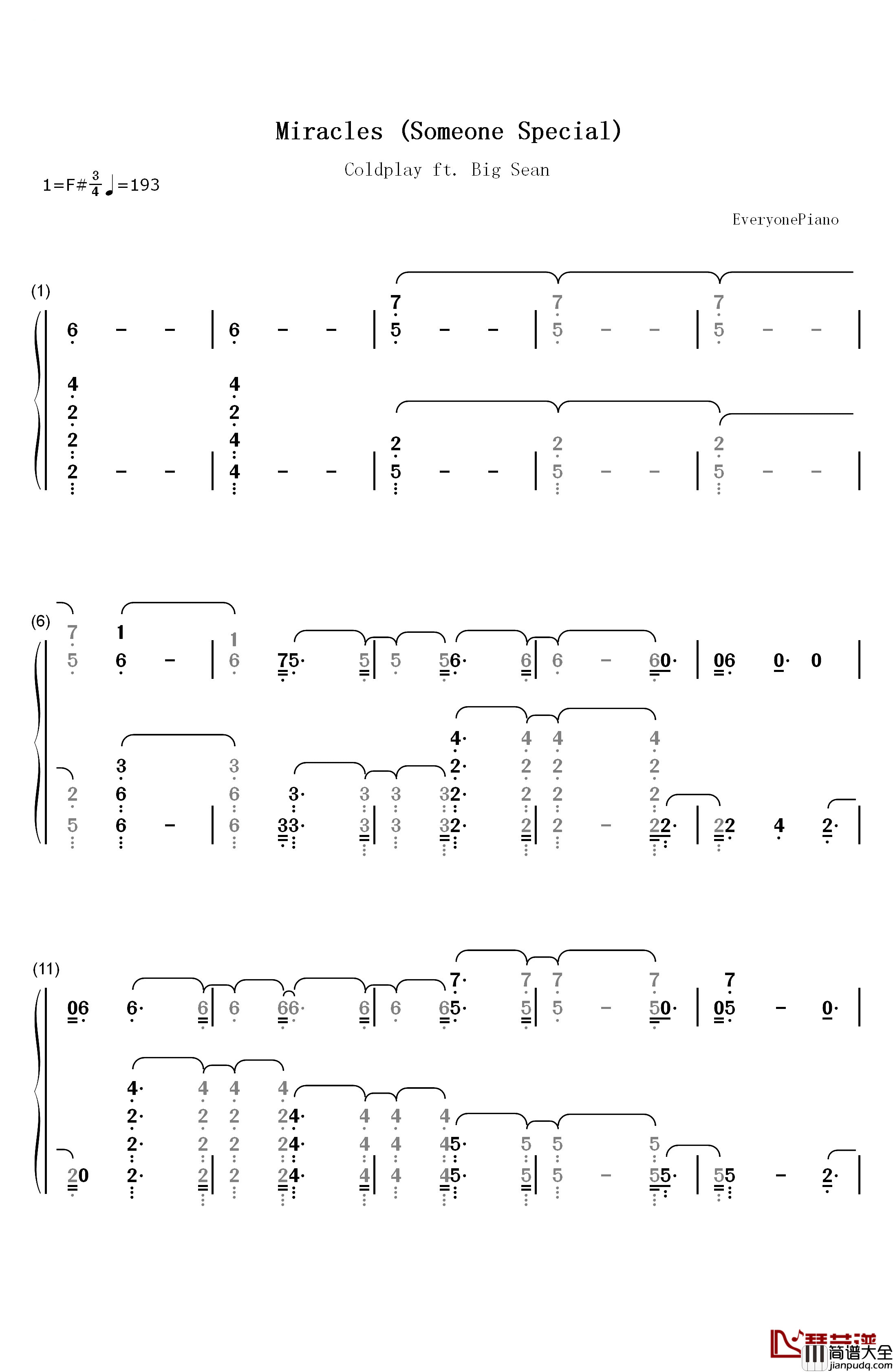 Miracles_Someone_Special钢琴简谱_数字双手_Coldplay_ft_Big_Sean