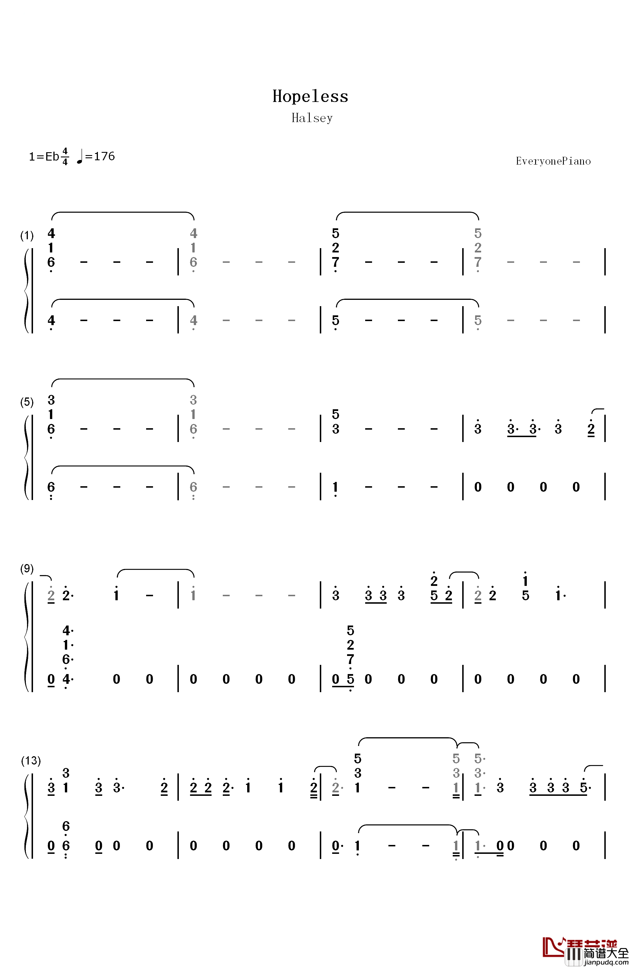 Hopeless钢琴简谱_数字双手_Halsey