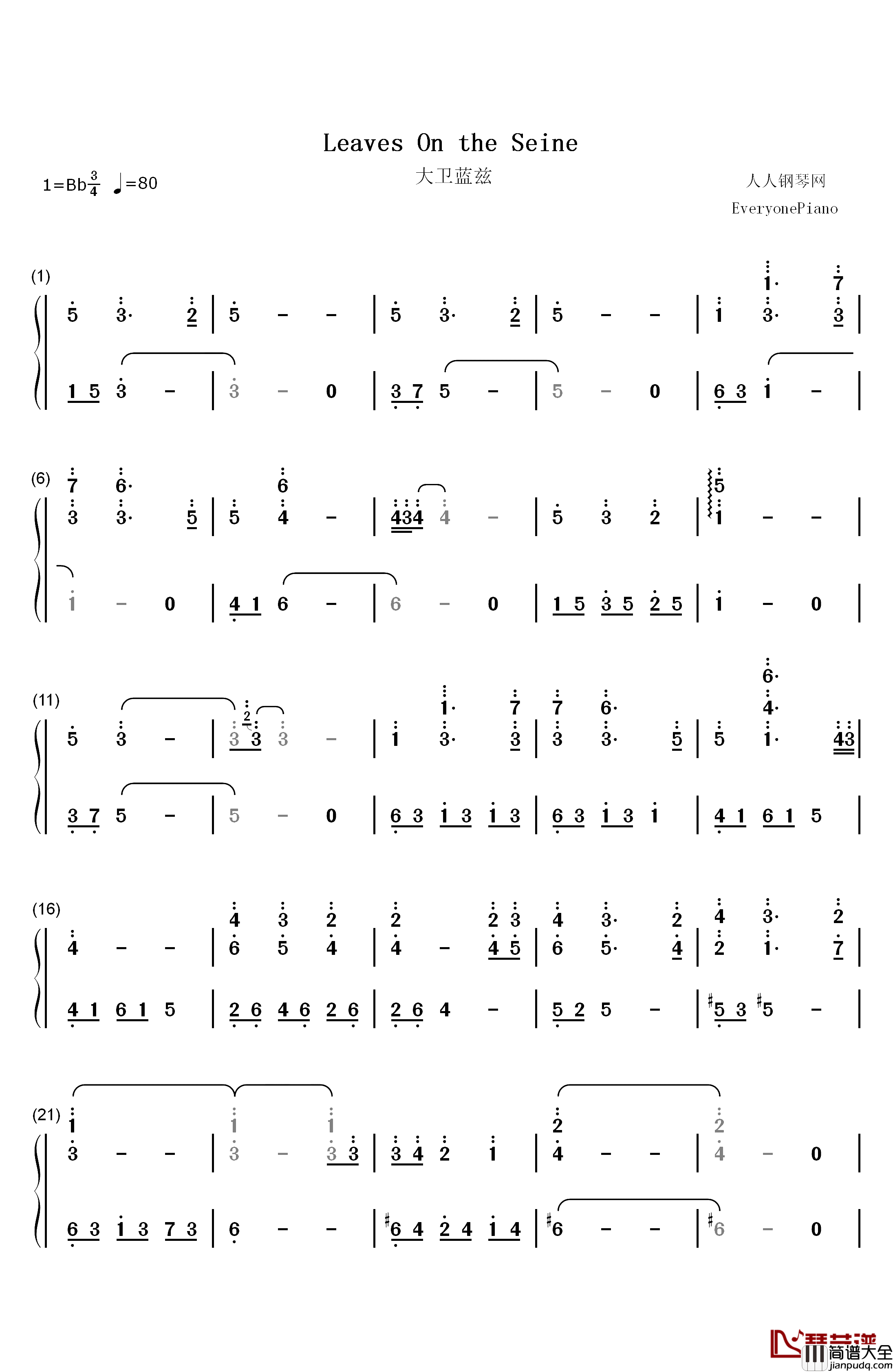 Leaves_On_The_Seine钢琴简谱_数字双手_大卫蓝兹