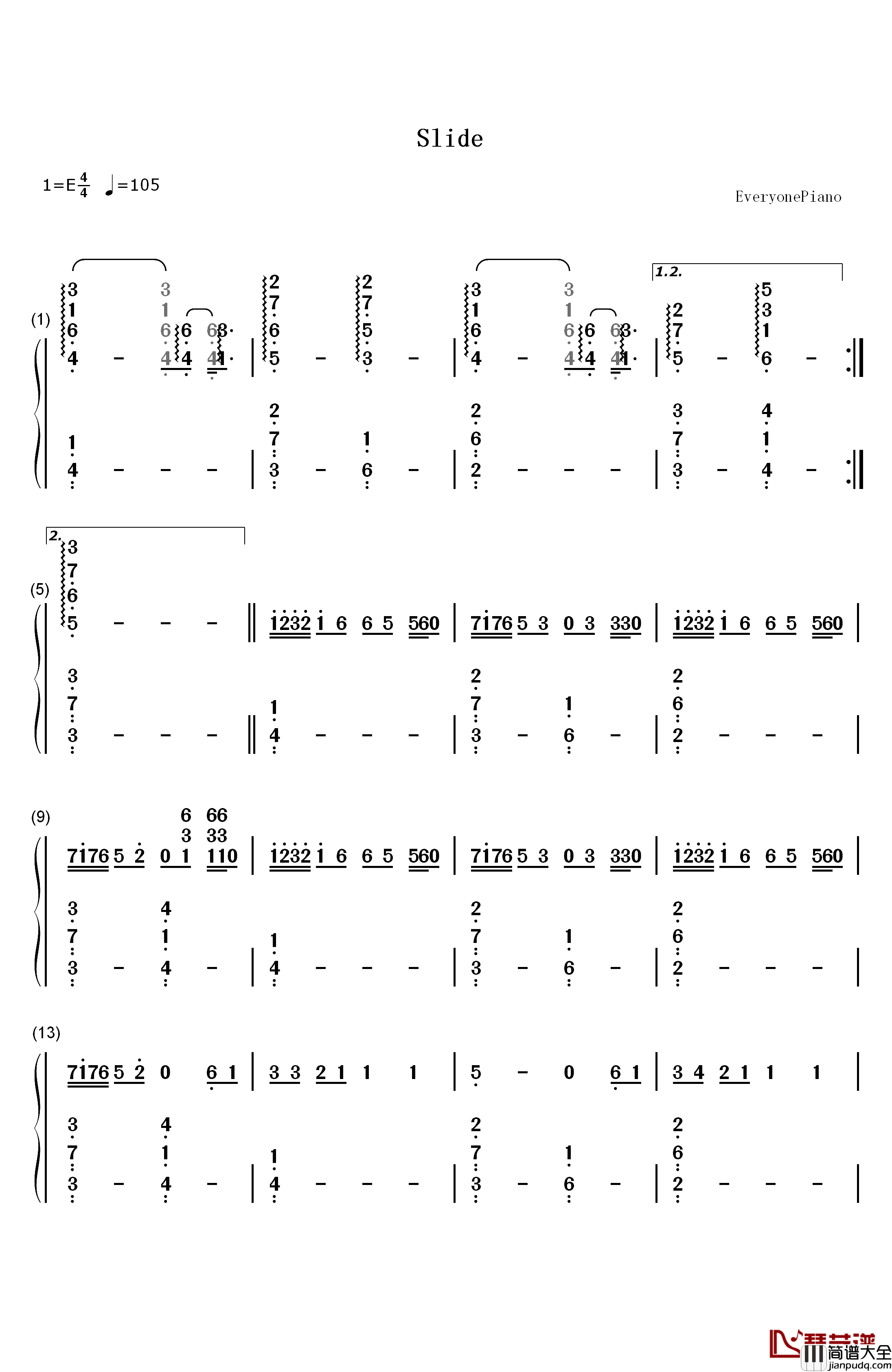 Slide钢琴简谱_数字双手_Calvin_Harris