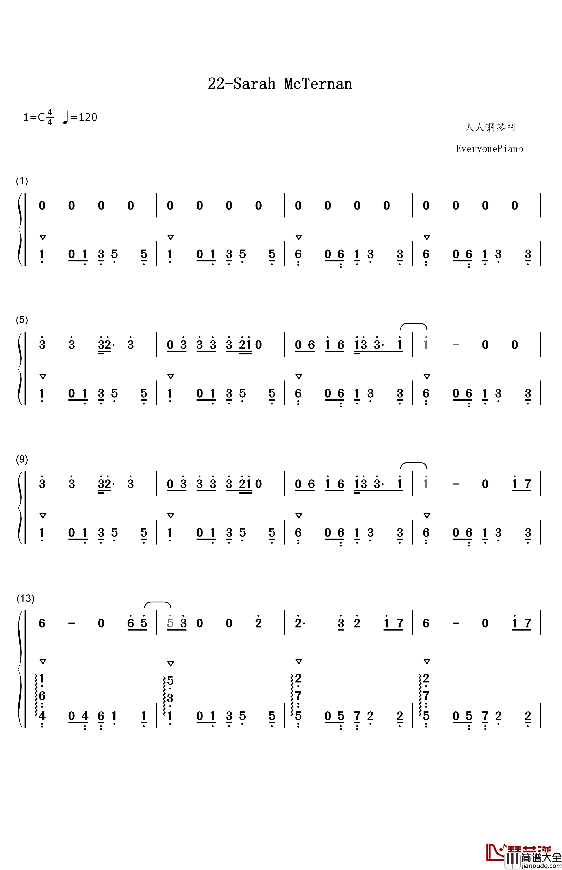 22钢琴简谱_数字双手_Sarah_McTernan