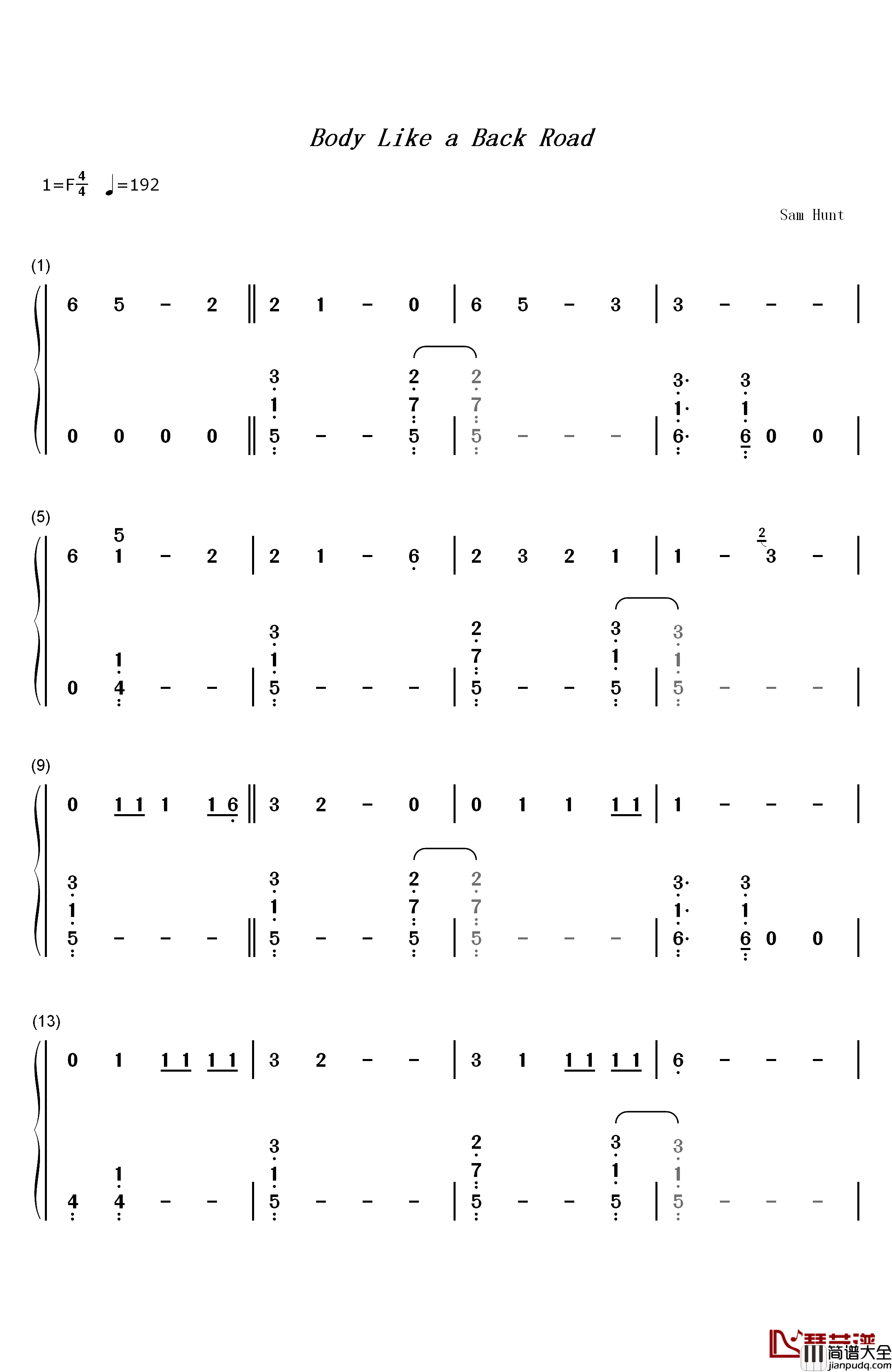 Body_Like_a_Back_Road钢琴简谱_数字双手_Sam_Hunt